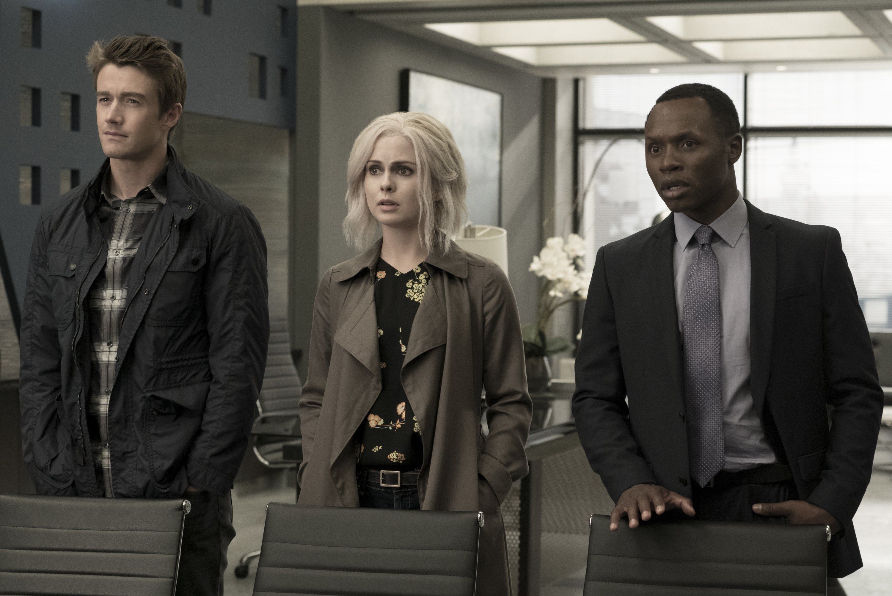Liv Moore and two men in an office HD Wallpaper