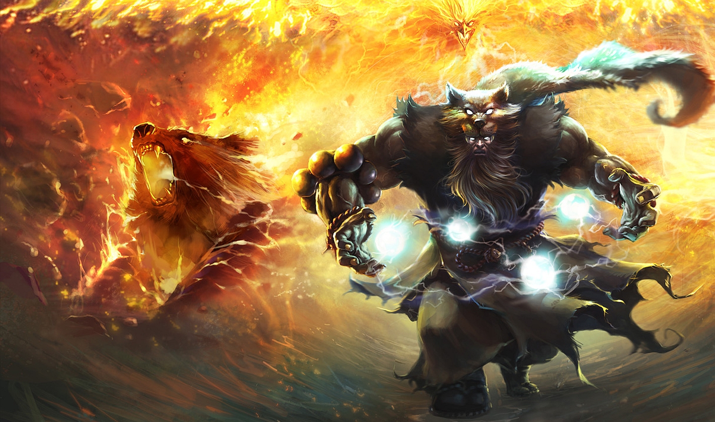 Udyr from League of Legends fighting a fiery bear HD Wallpaper