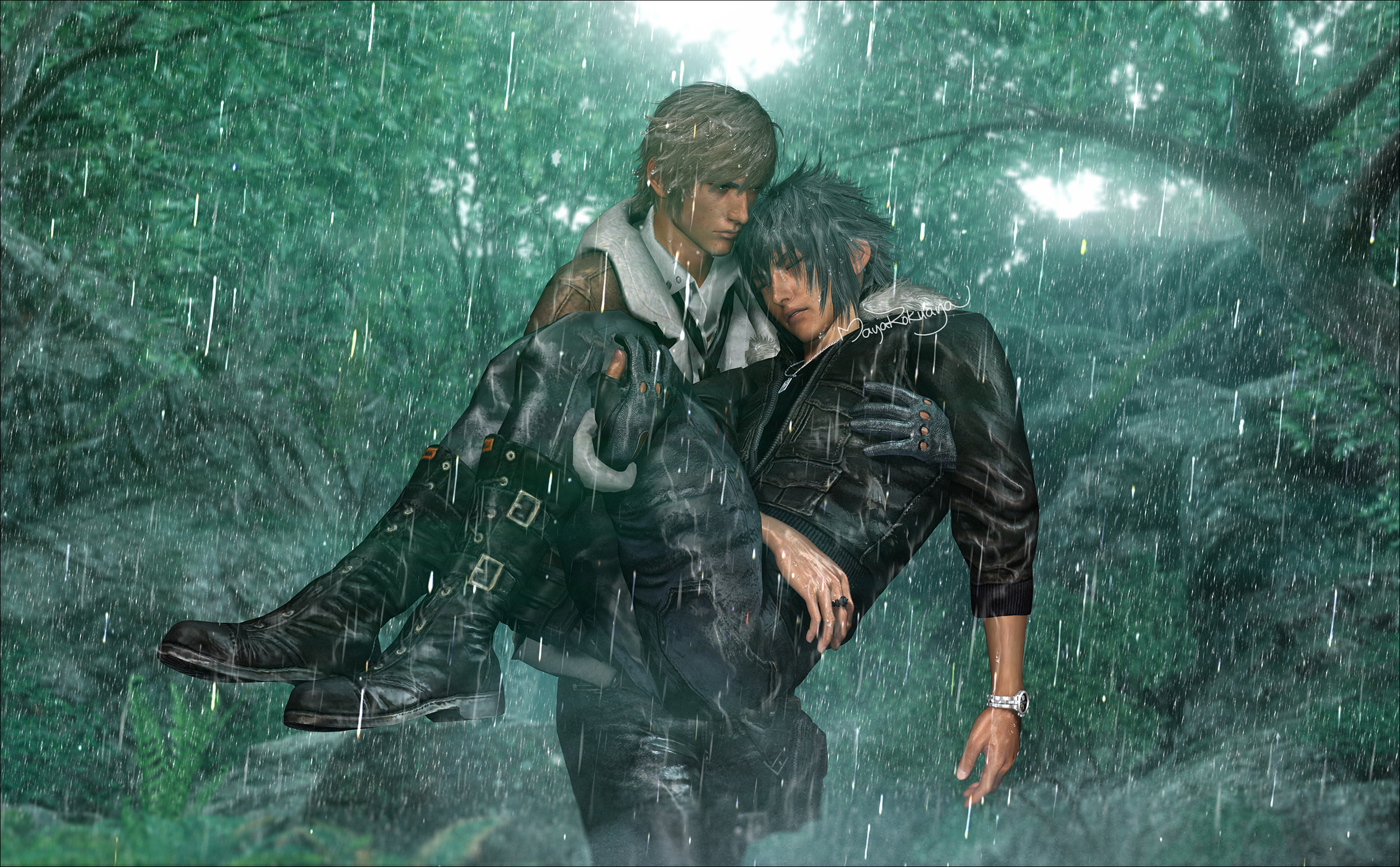 Ignis Scientia carrying Noctis Lucis Caelum in the rain HD Wallpaper