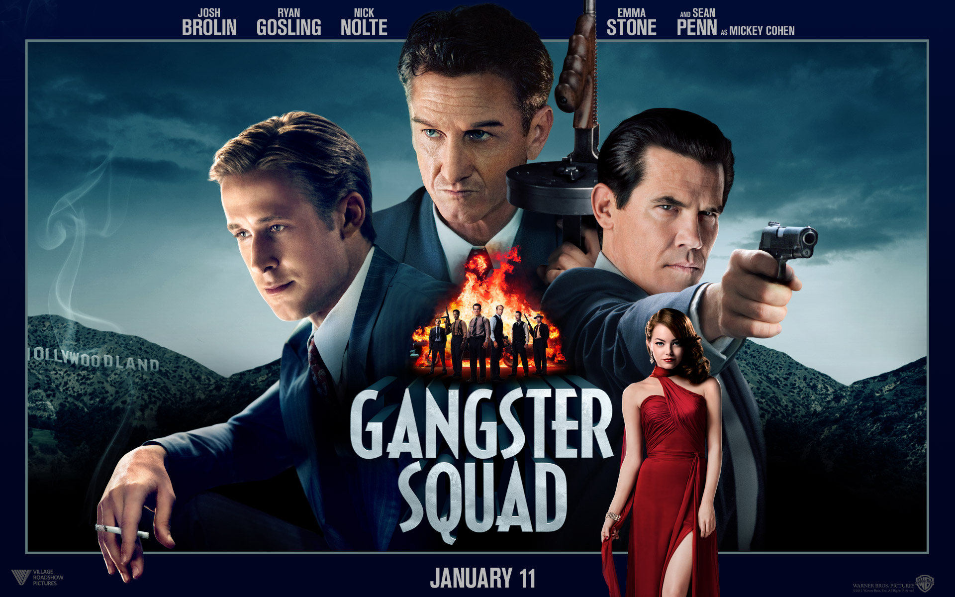 Gangster Squad movie poster with Sean Penn, Josh Brolin, Ryan Gosling, Emma Stone HD Wallpaper