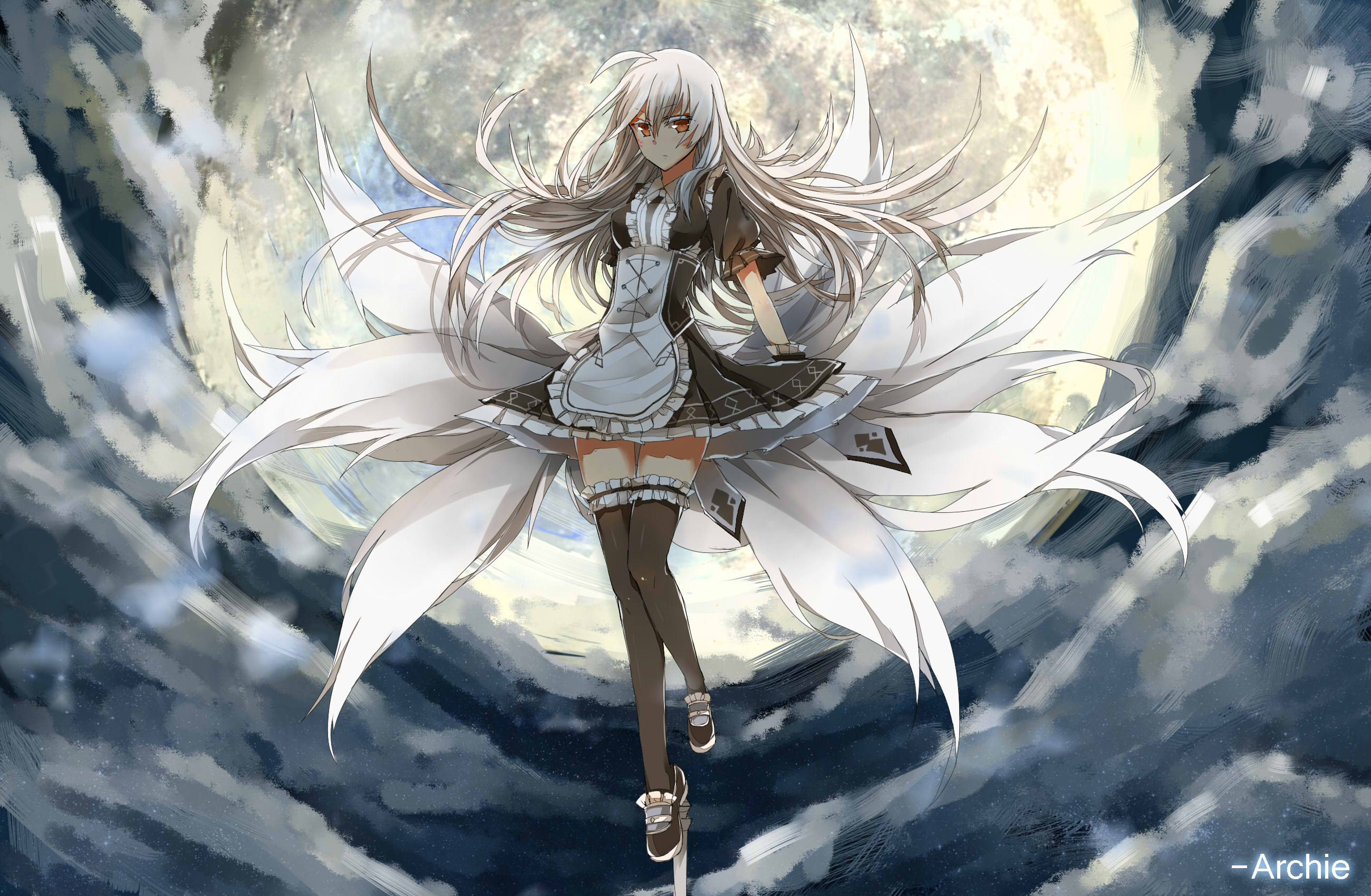 Anime girl with white hair and fox tails HD Wallpaper