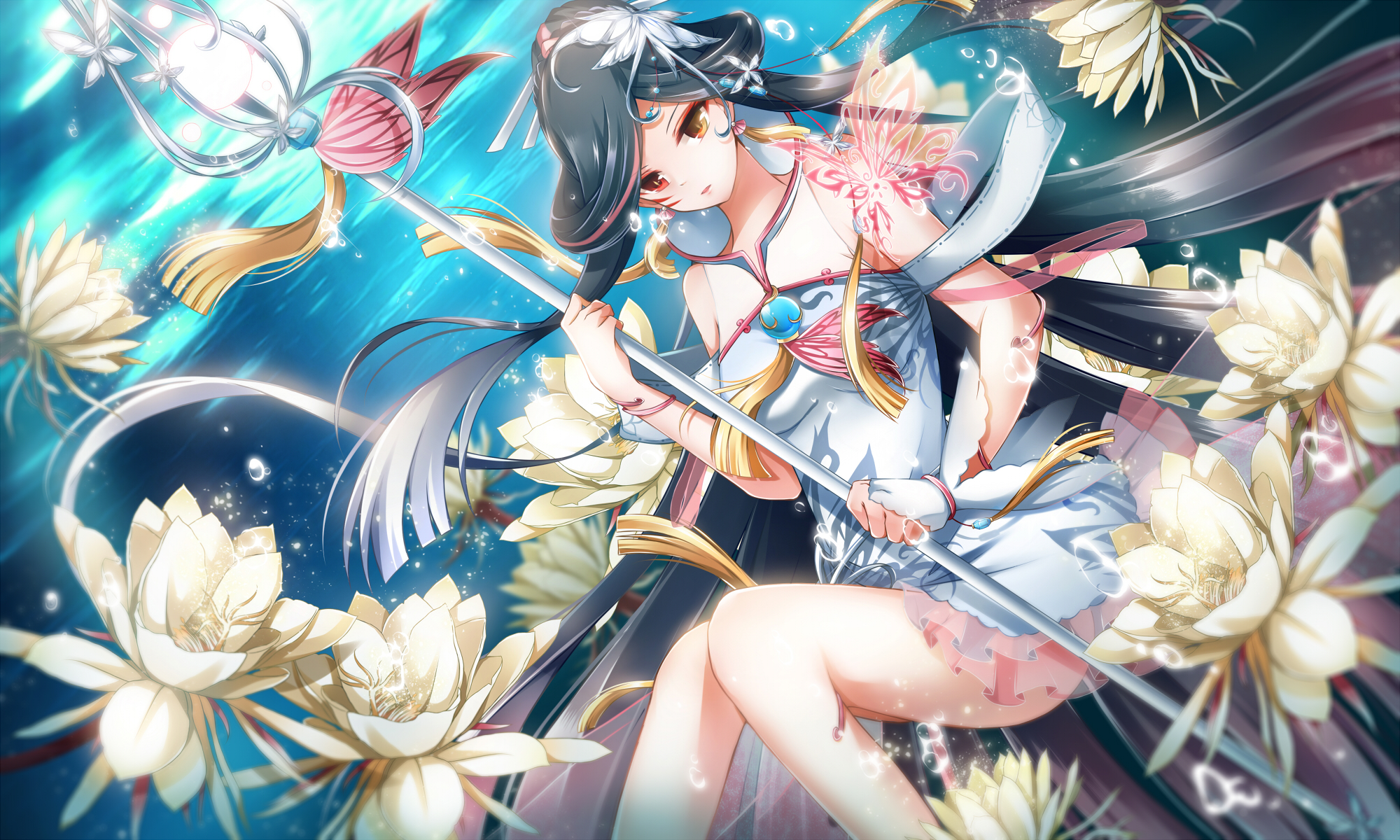 Anime girl with staff and lotus flowers HD Wallpaper