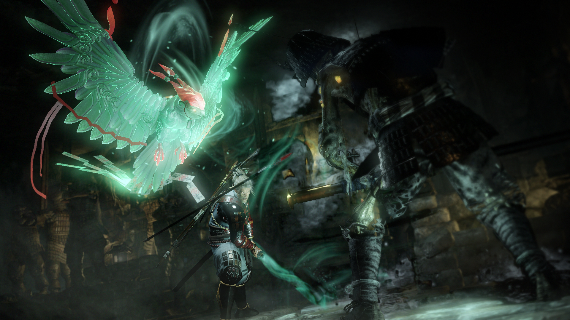 William Adams from Nioh fighting a spirit bird and enemy HD Wallpaper