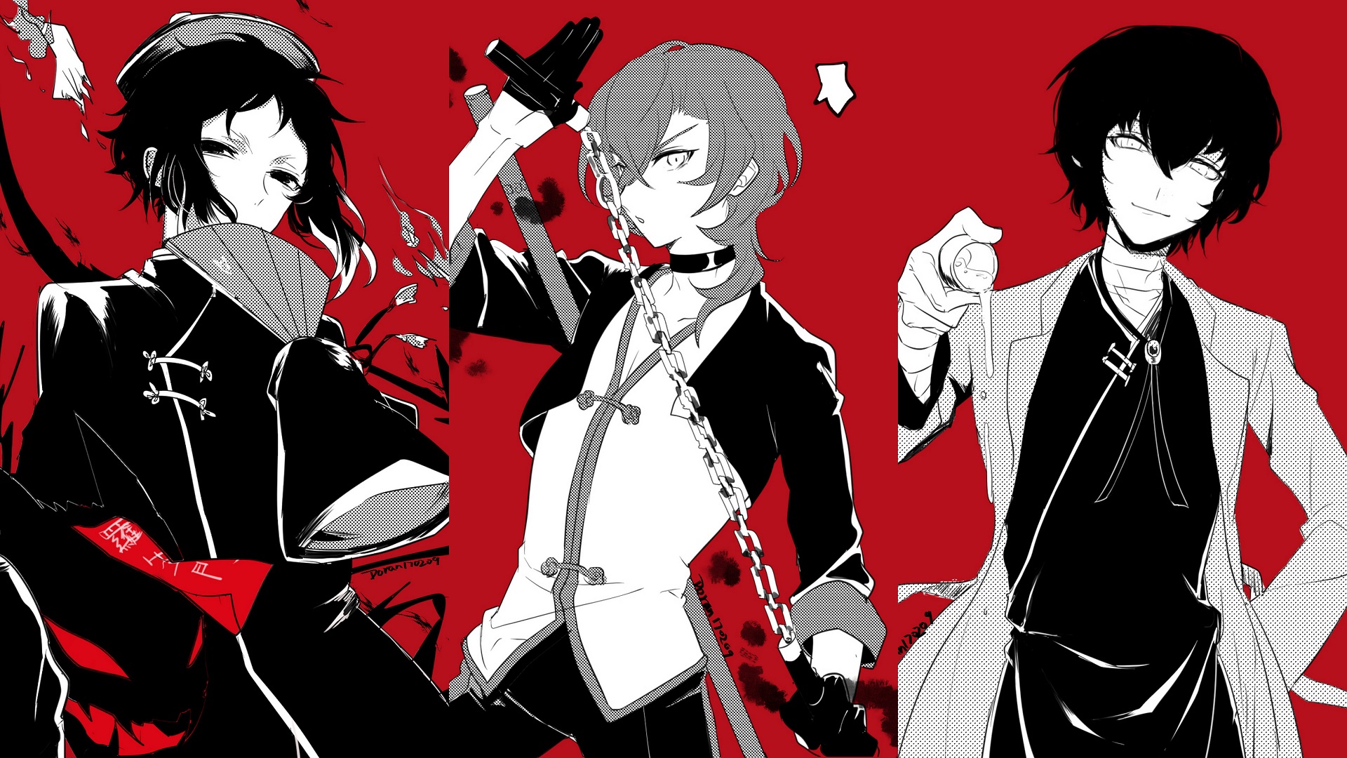 Three men in black and white outfits on red background HD Wallpaper