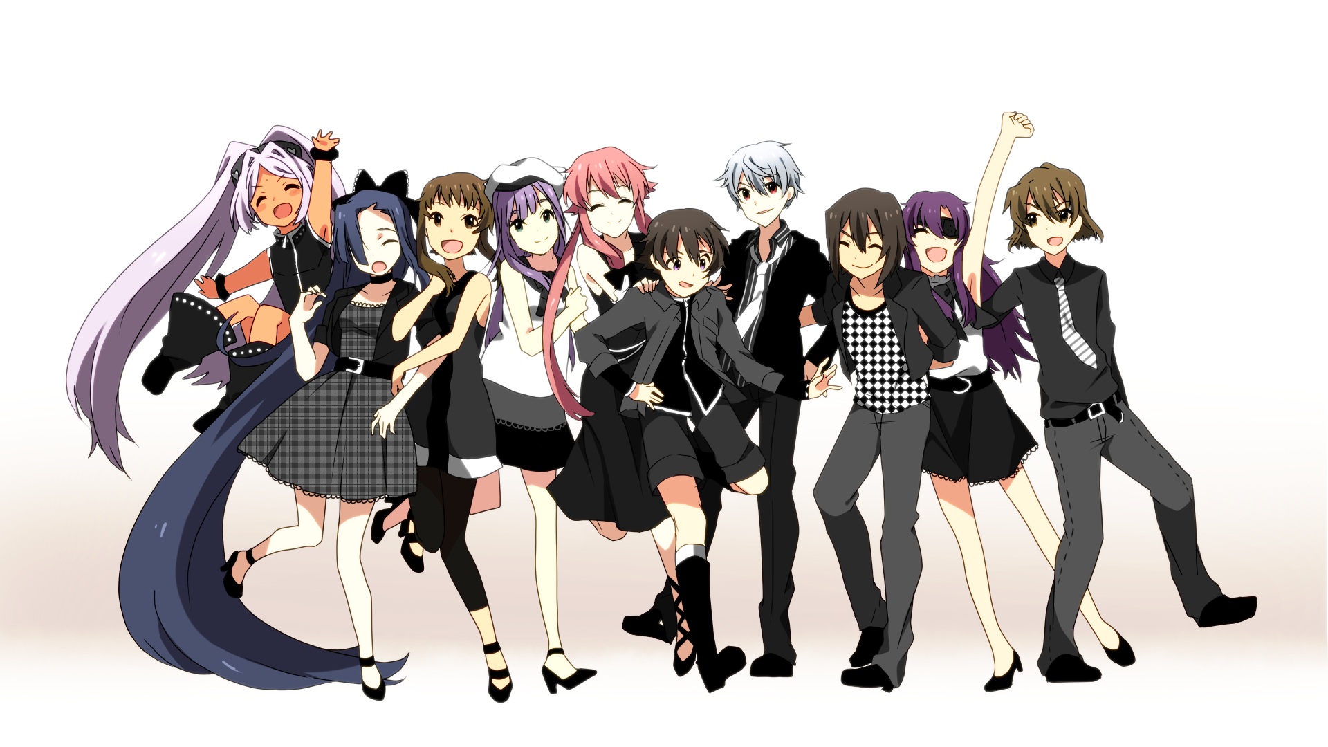 Group of anime characters in black and white outfits HD Wallpaper