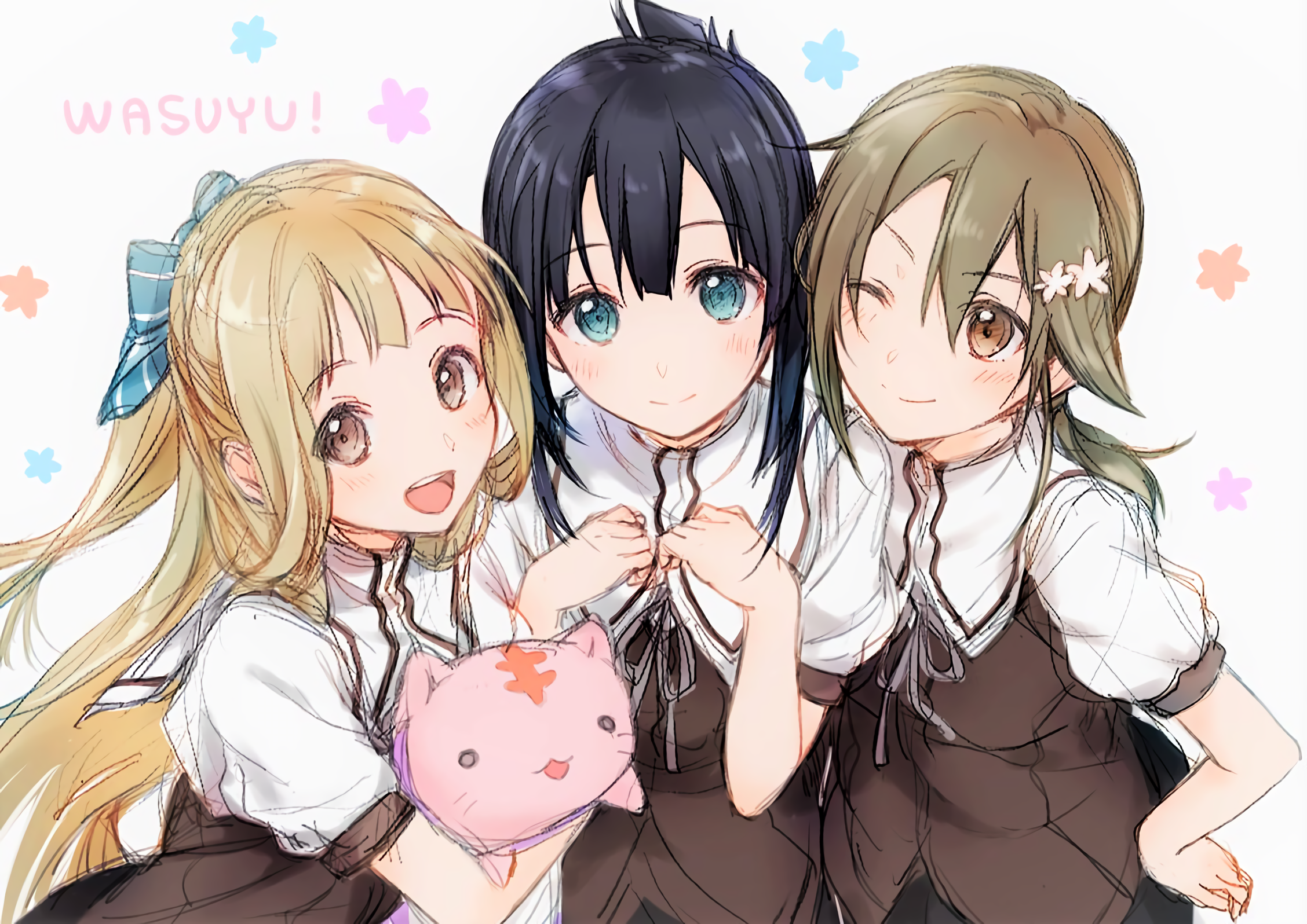 Togo Mimori and friends with a cat plush HD Wallpaper
