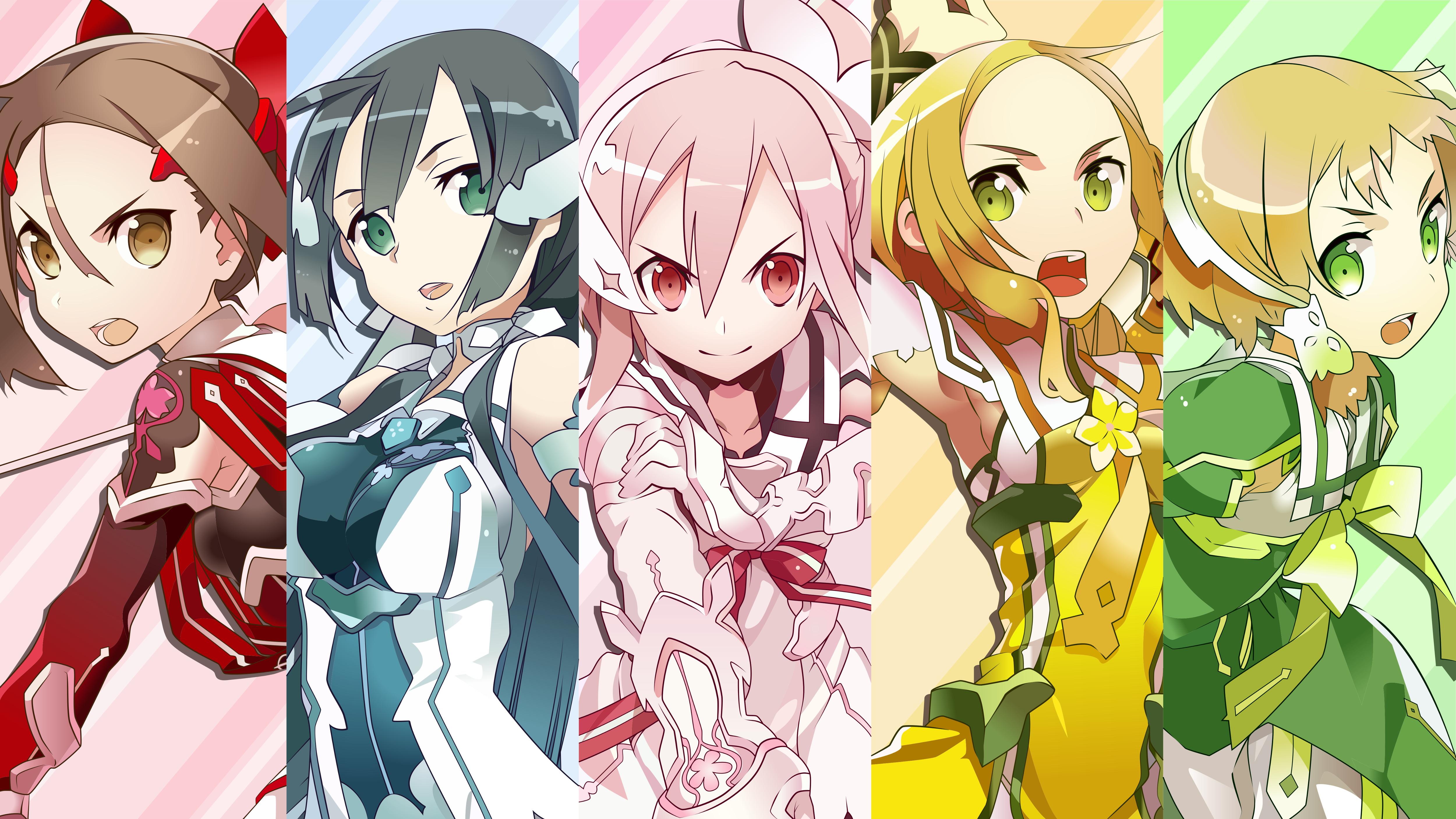 Five anime girls in colorful outfits HD Wallpaper