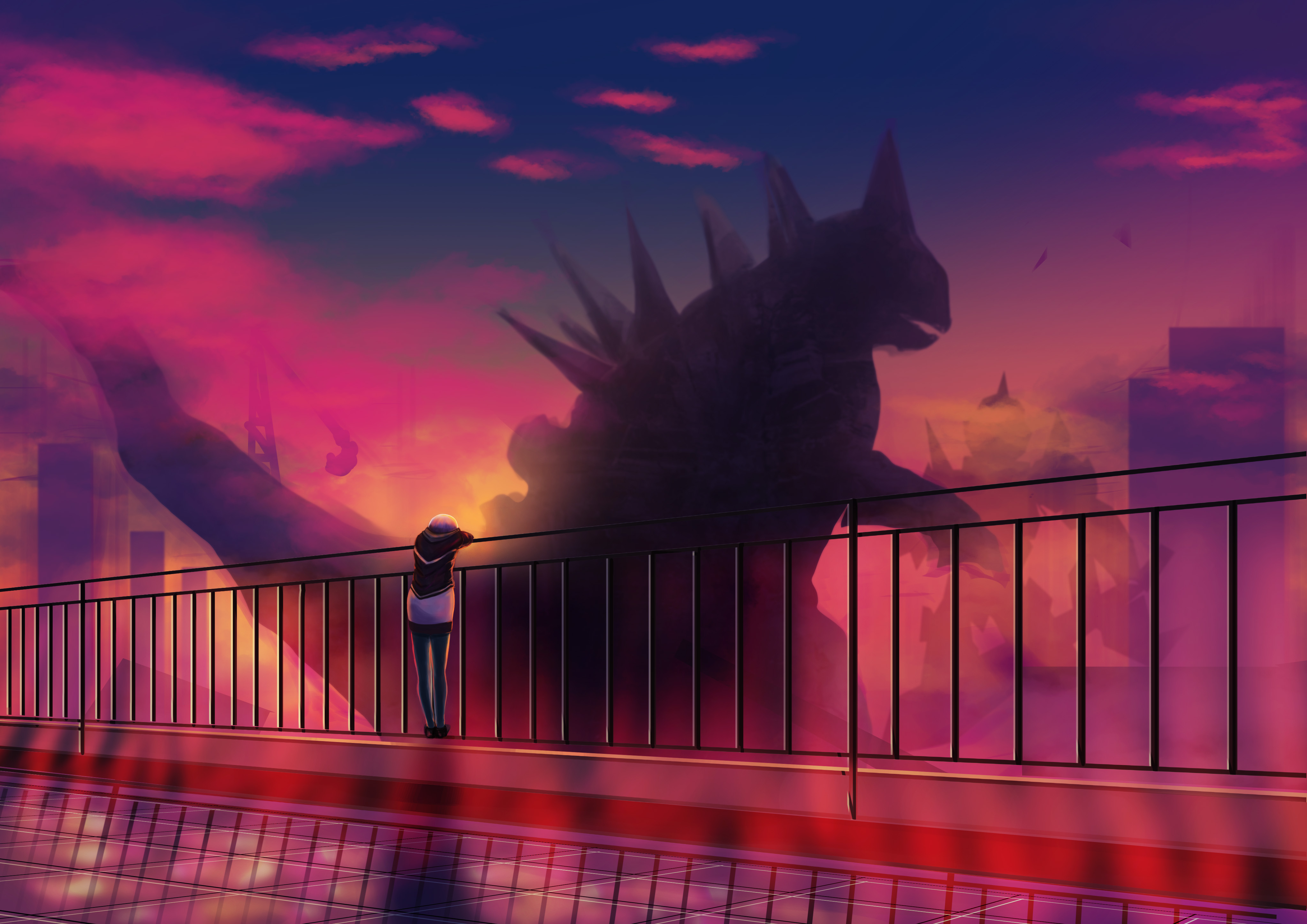 Girl watching Godzilla silhouette at sunset HD Wallpaper