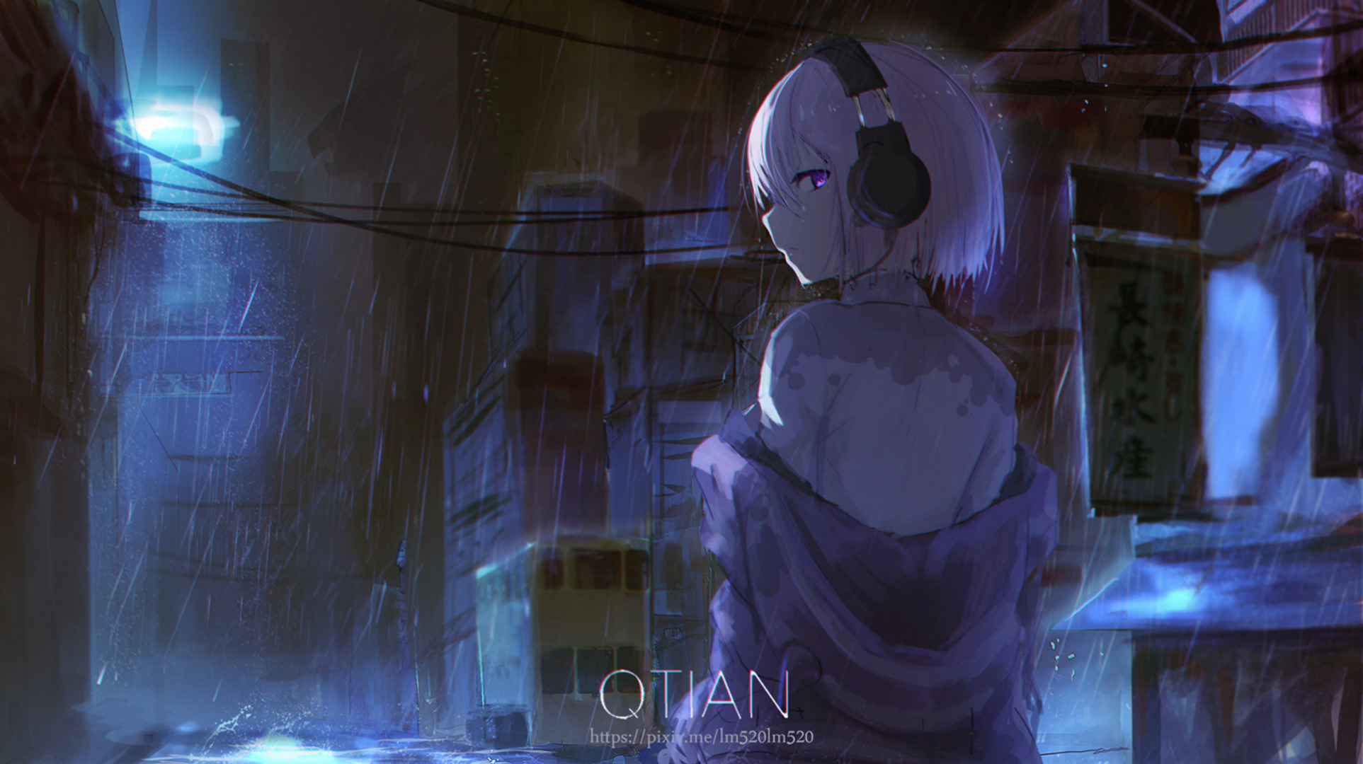 Girl with headphones in rainy city HD Wallpaper