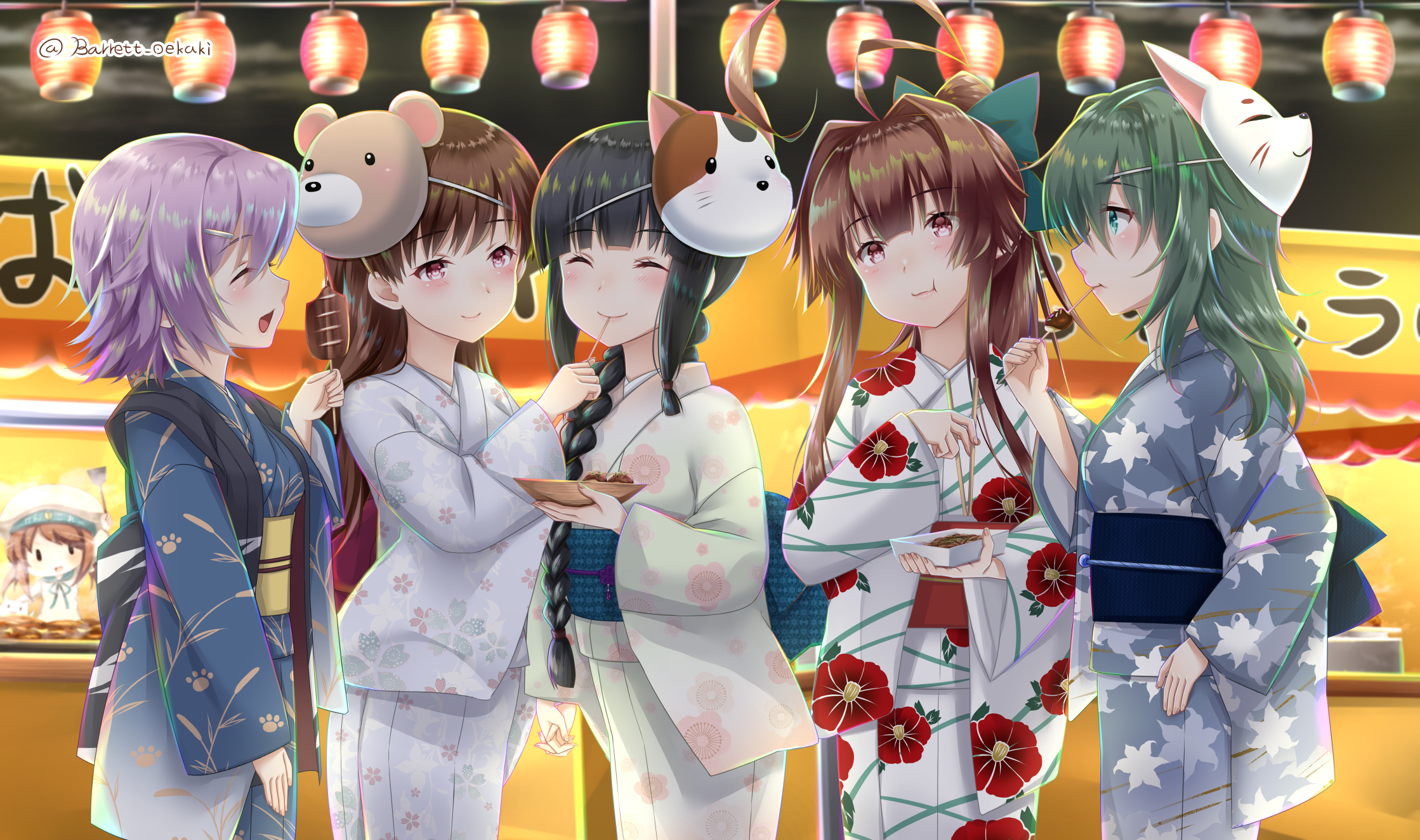 Five girls in yukatas at a festival HD Wallpaper