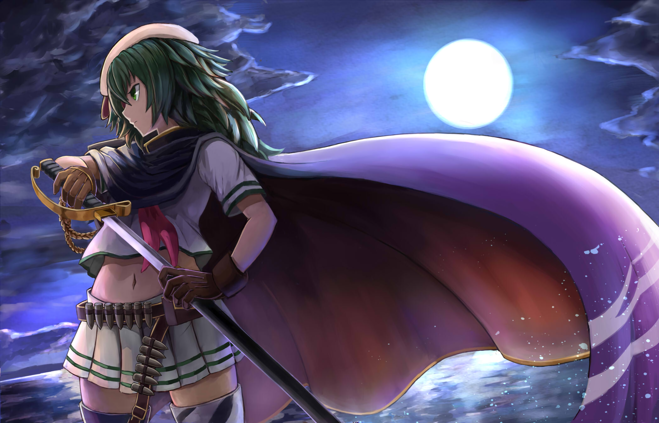 Kiso from Kancolle with a sword under the moon HD Wallpaper