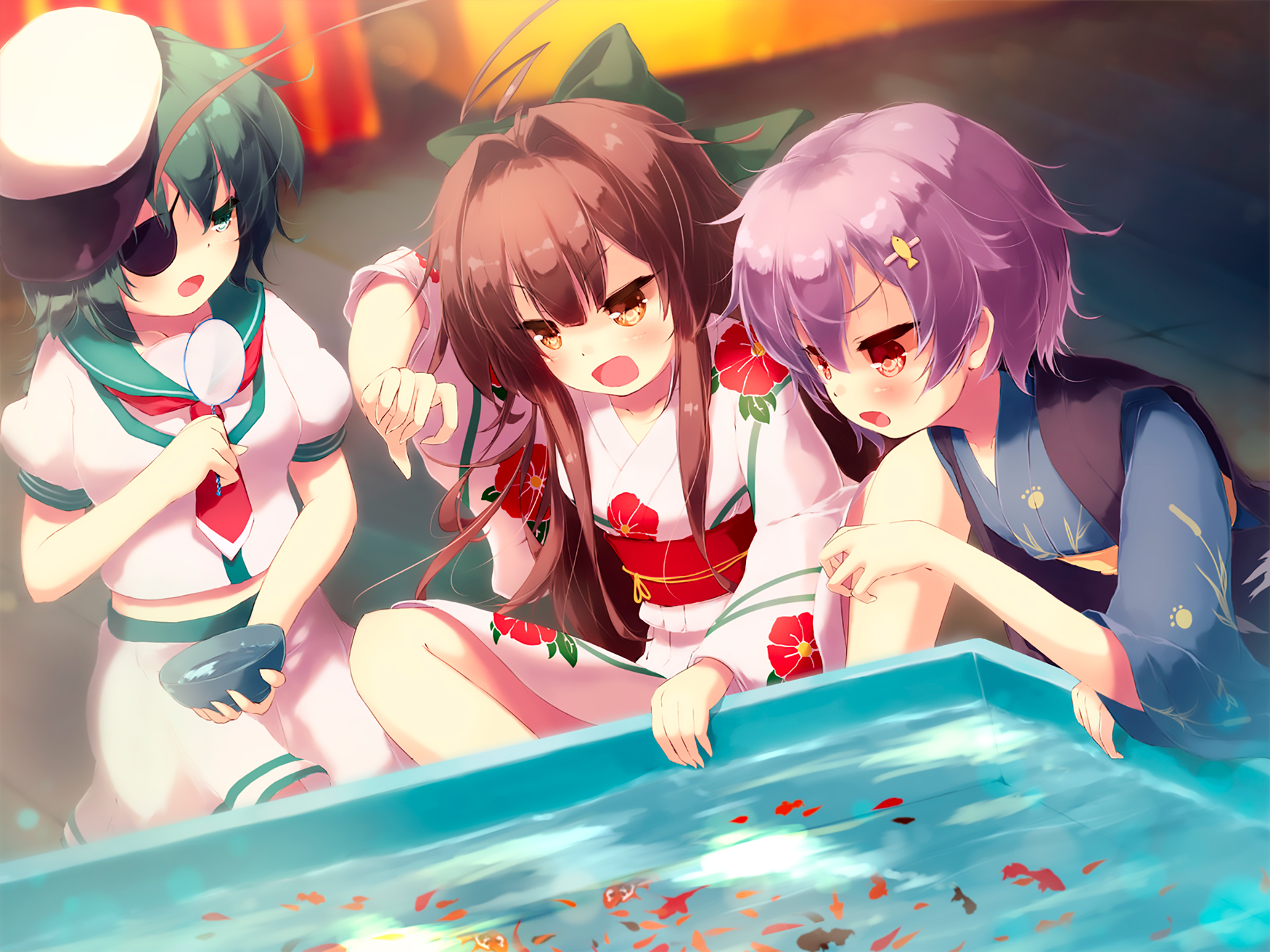 Kiso from Kancolle playing goldfish scooping HD Wallpaper
