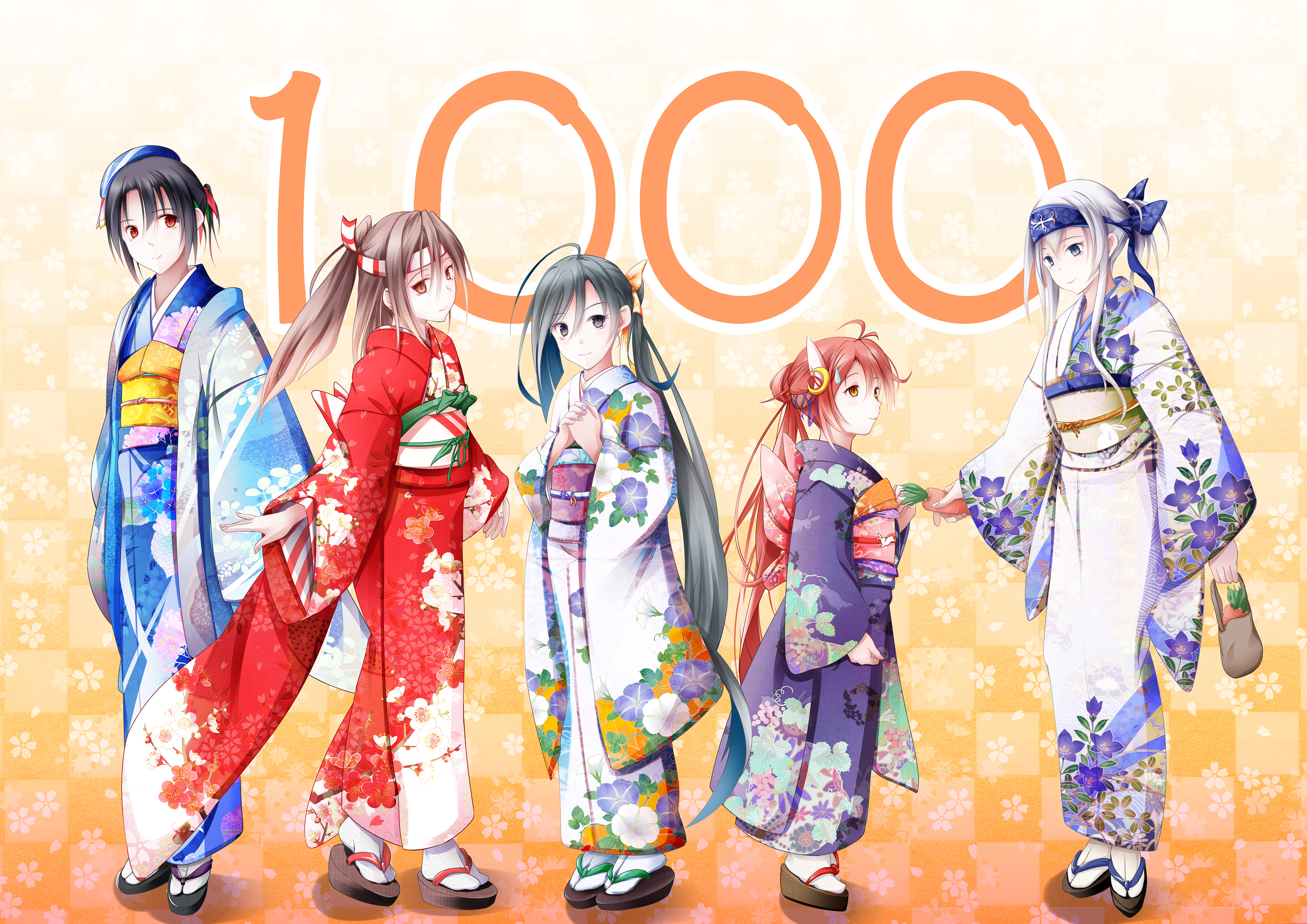 Five girls in kimonos with the number 1000 HD Wallpaper