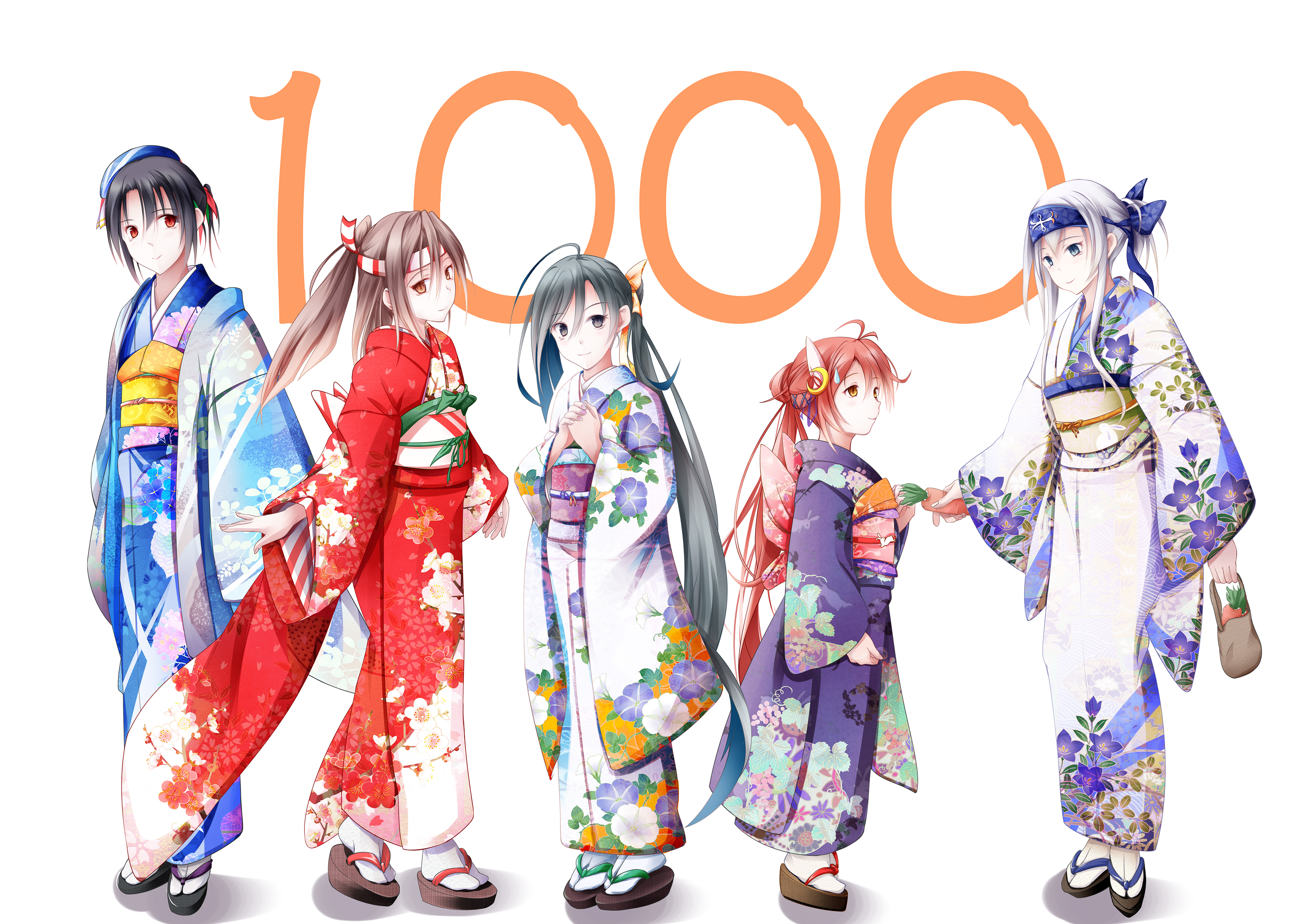 Five girls in kimonos with the number 1000 HD Wallpaper