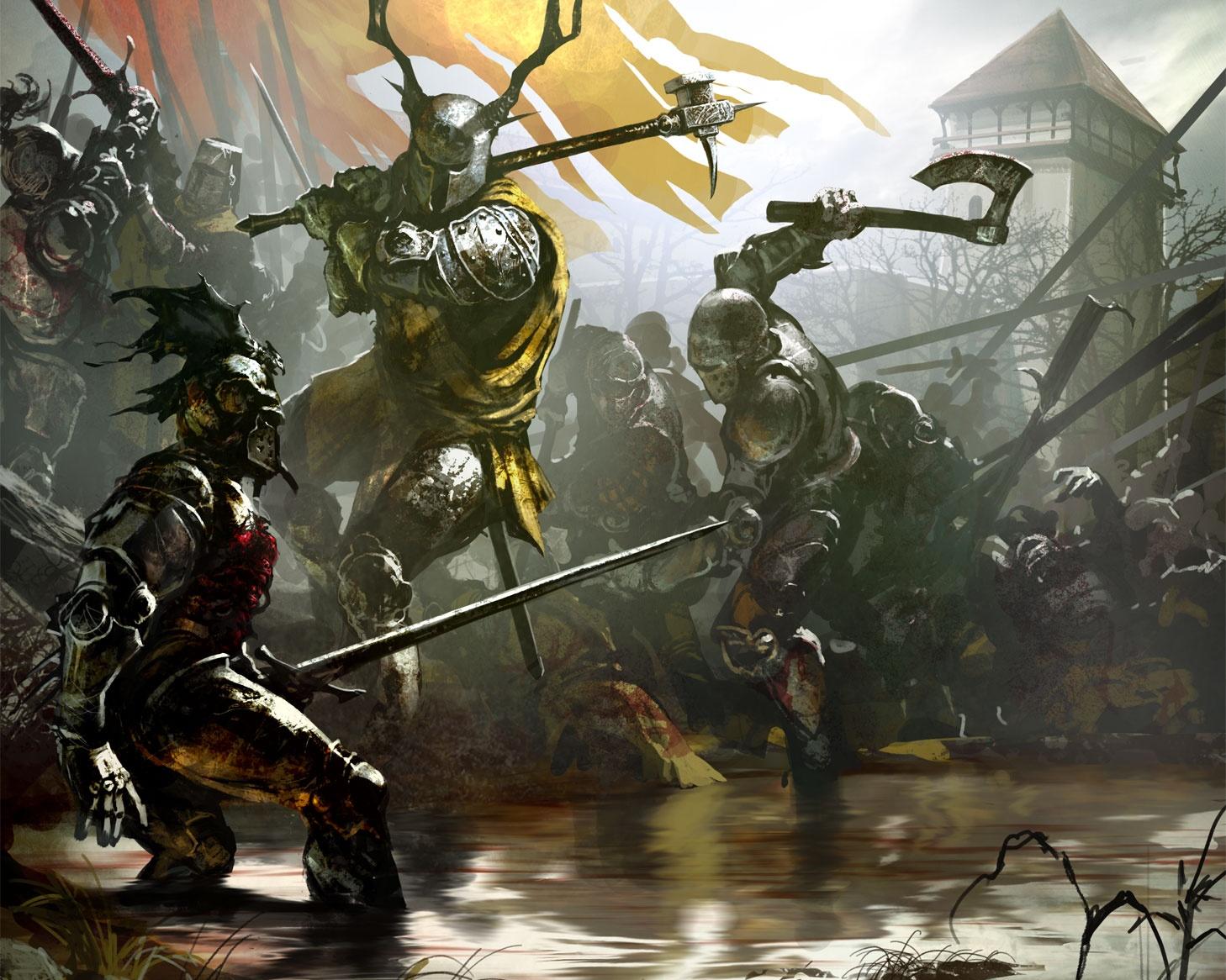 Battle between armored knights with axes and swords HD Wallpaper