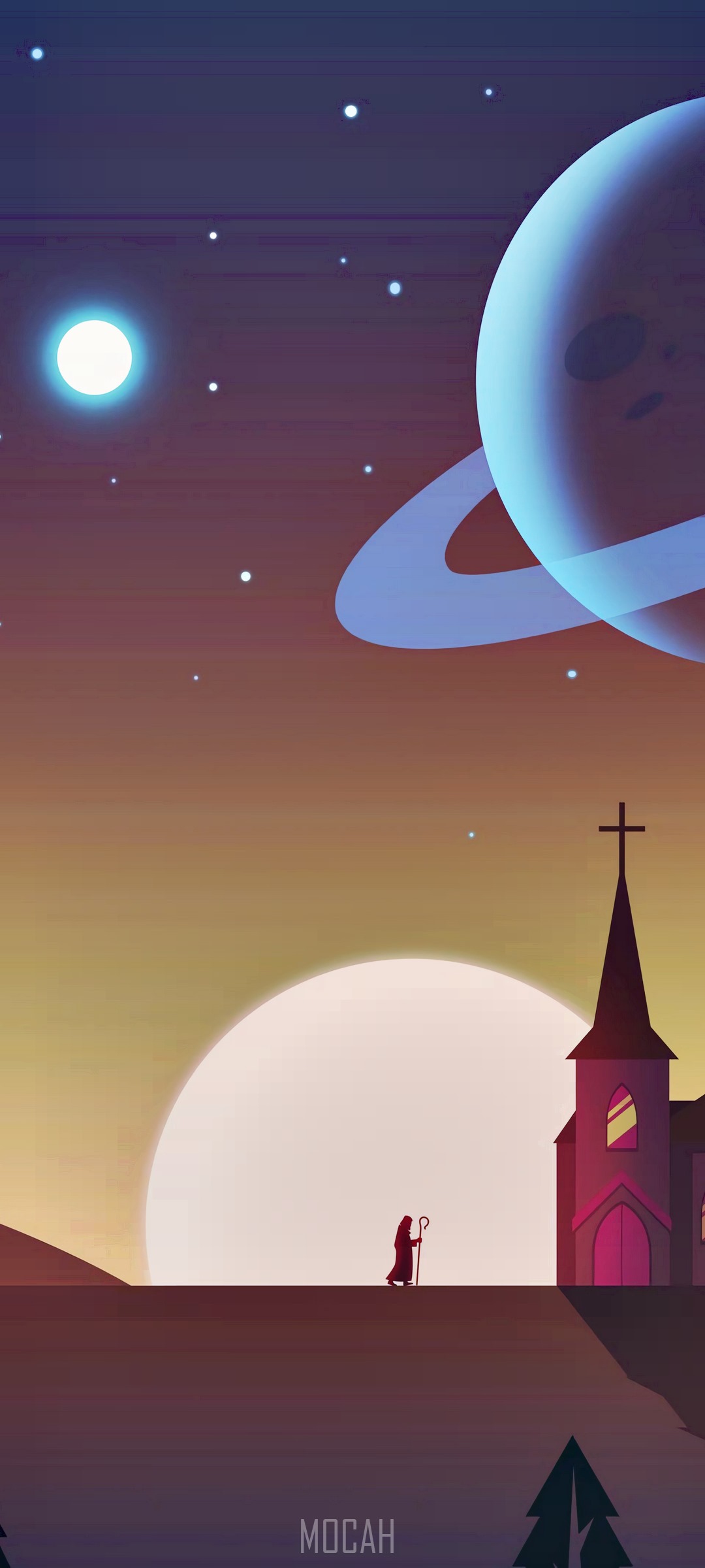Illustration of a shepherd walking towards a church under a starry sky with planets HD Phone Wallpaper