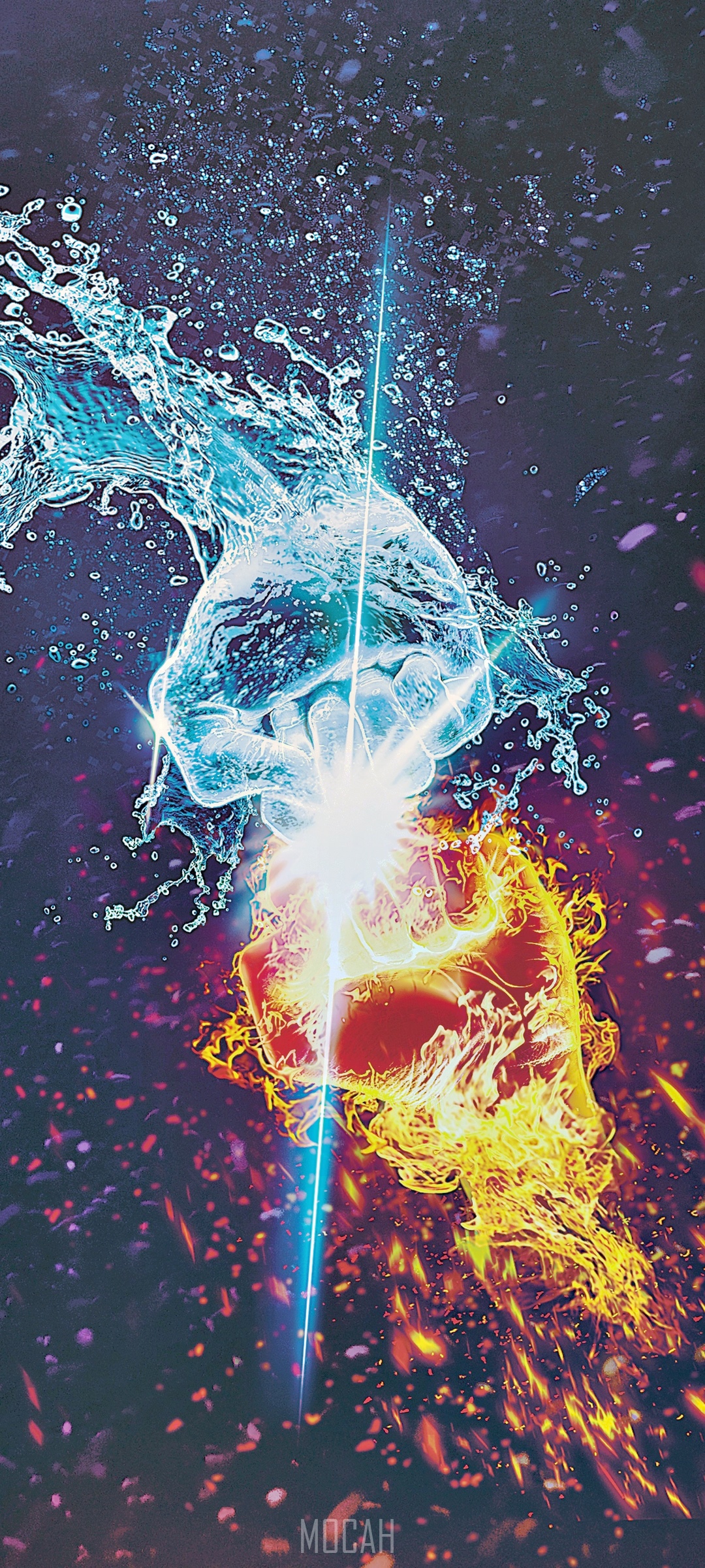 Water and Fire Fists Colliding with Electric Blue Light HD Phone Wallpaper