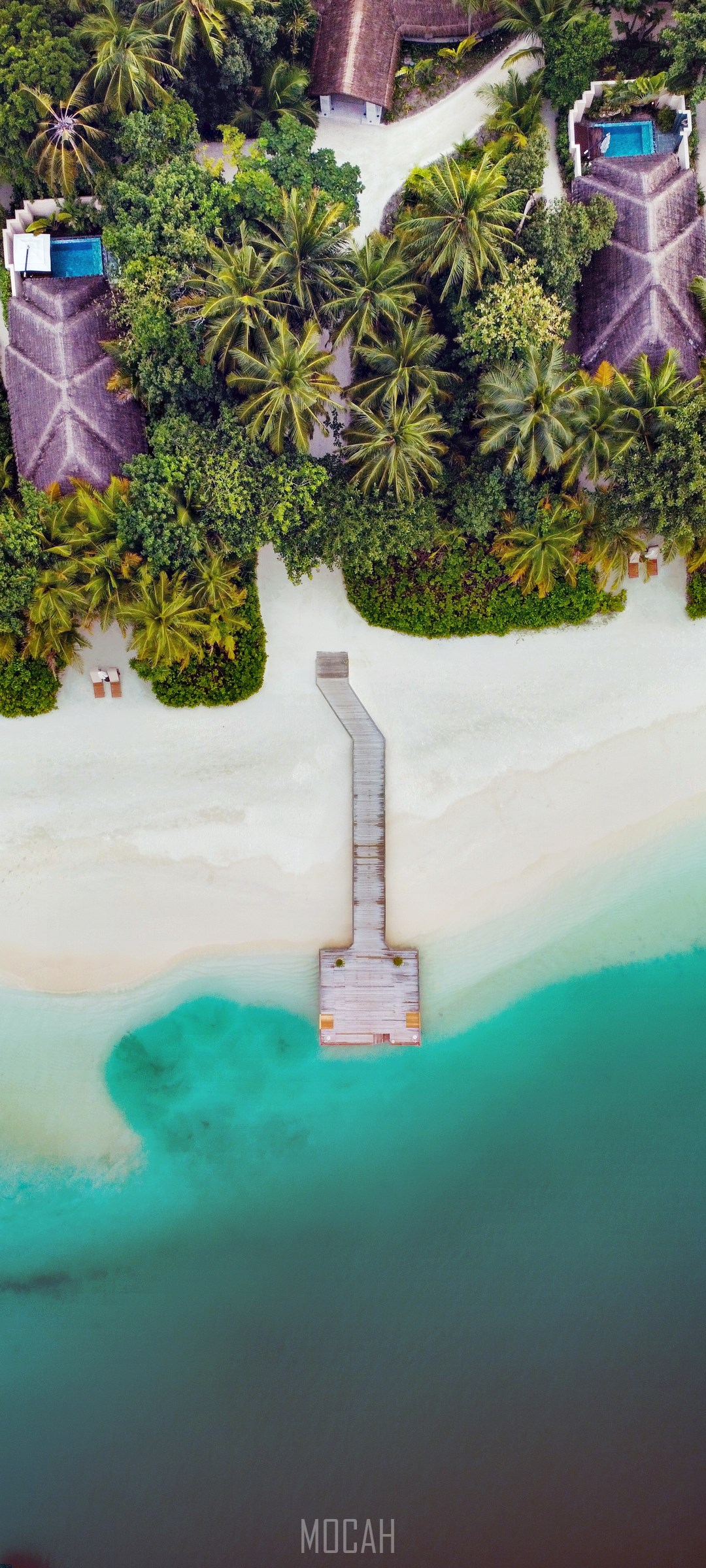 Aerial view of tropical resort with pier and turquoise water HD Phone Wallpaper