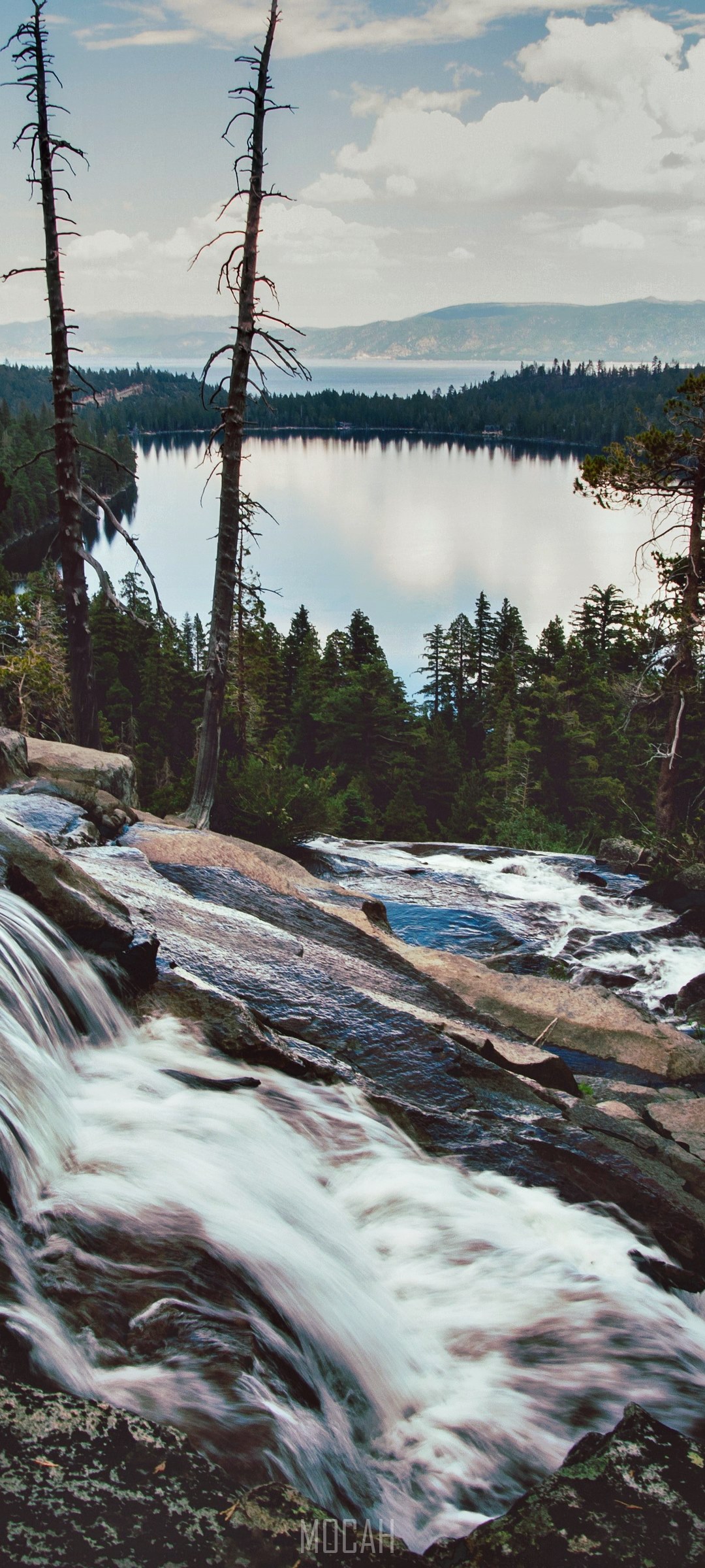 Waterfall flowing into a lake with pine trees HD Phone Wallpaper