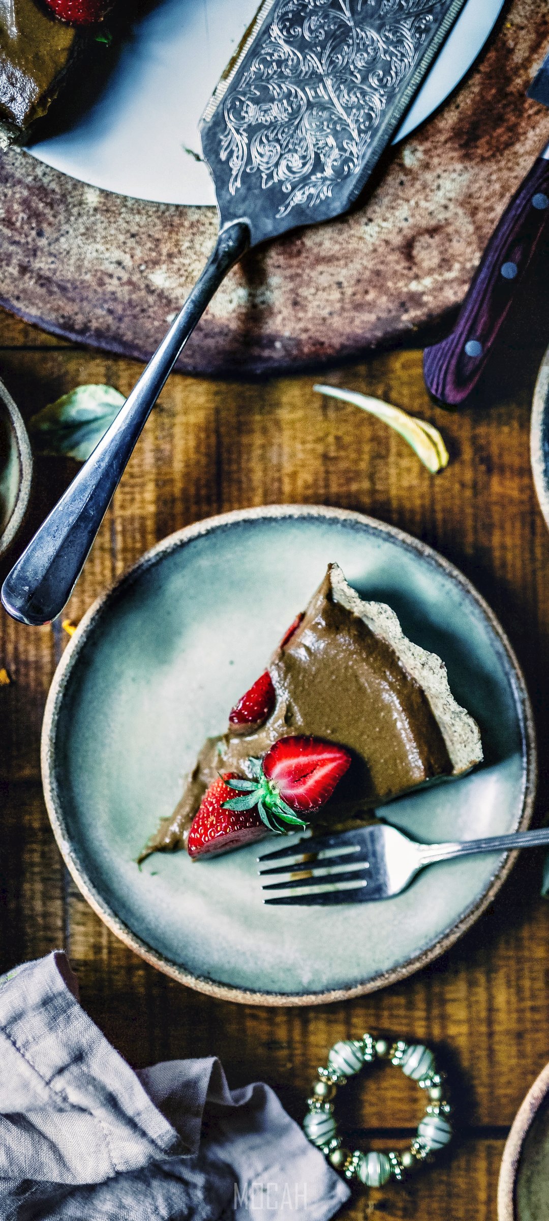 Chocolate Avocado Tart Slice with Strawberries HD Phone Wallpaper