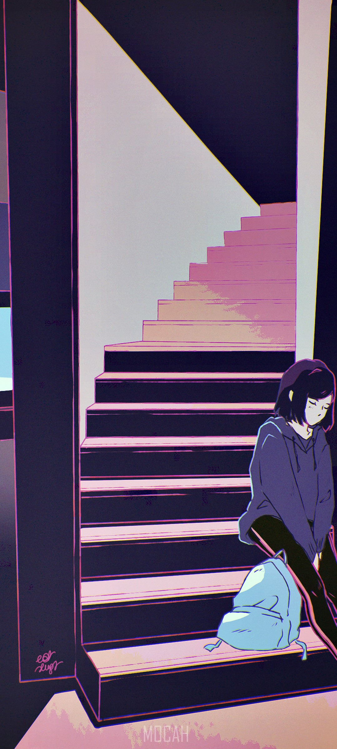 Girl sitting on stairs with backpack HD Phone Wallpaper