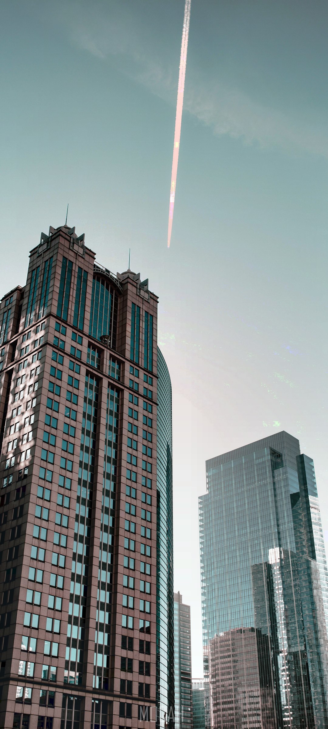 Airplane contrail over skyscrapers HD Phone Wallpaper