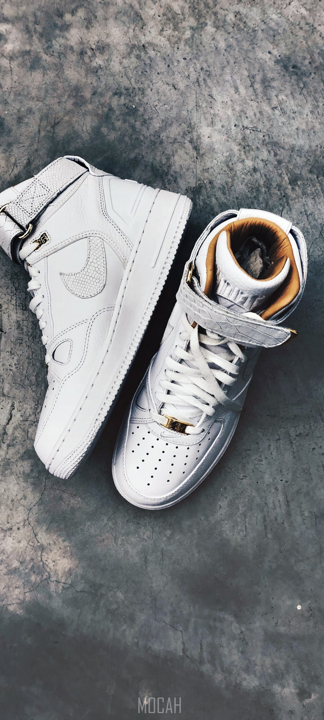 White Nike Air Force 1 High-Top Sneakers on Concrete HD Phone Wallpaper