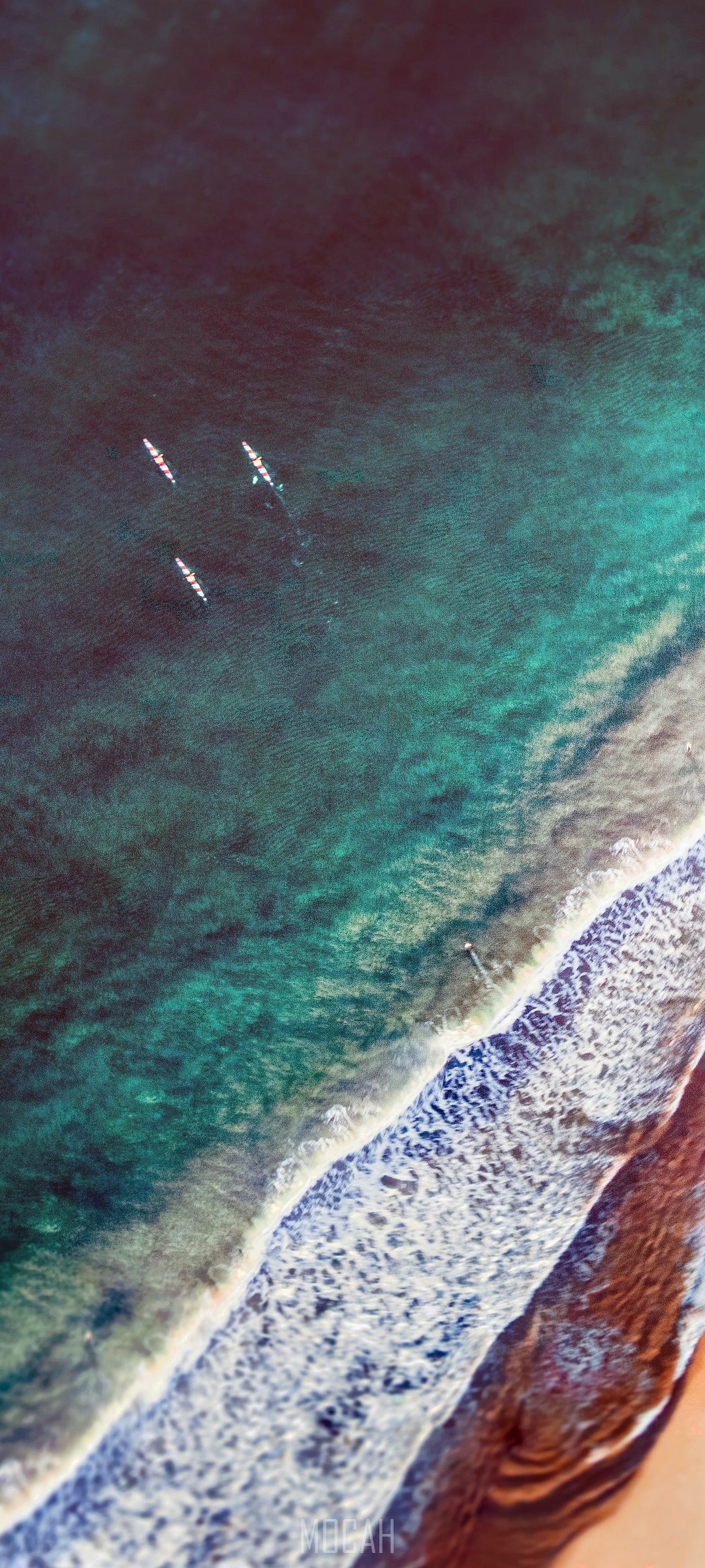 Kayakers paddle out in the ocean near a beach HD Phone Wallpaper