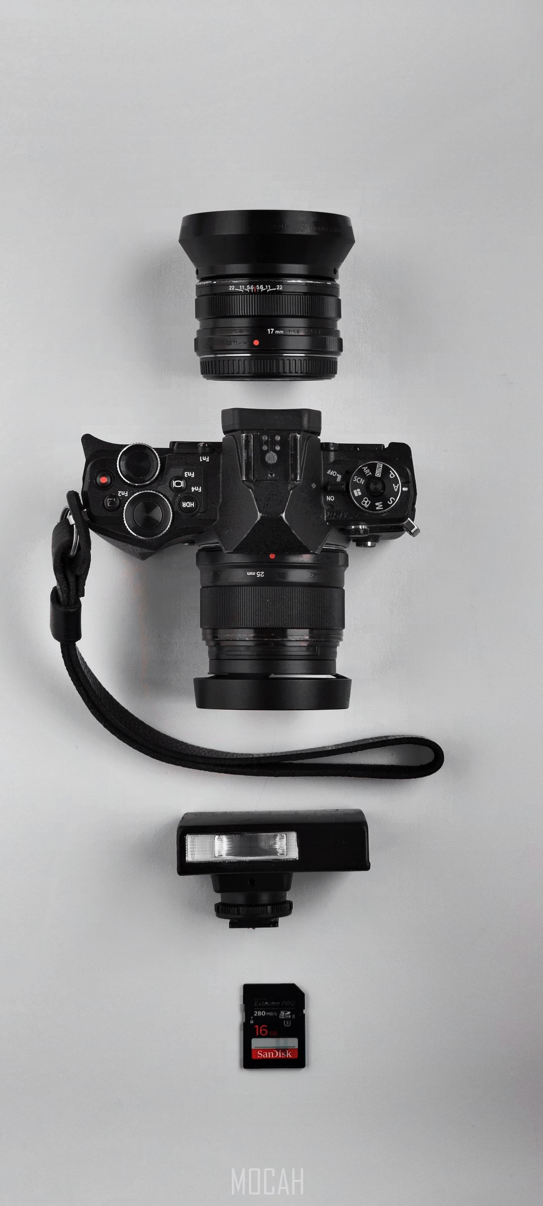 Olympus camera with lens, flash, and SD card HD Phone Wallpaper