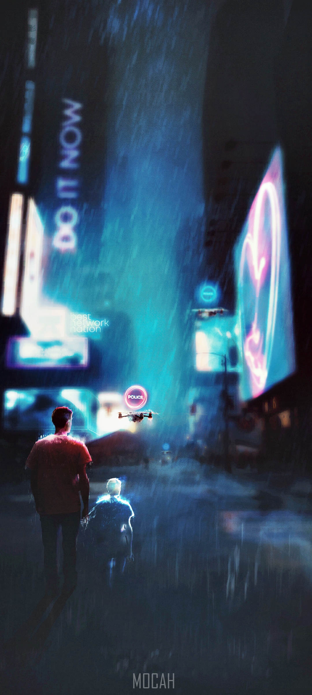 Cyberpunk city street with police drone HD Phone Wallpaper