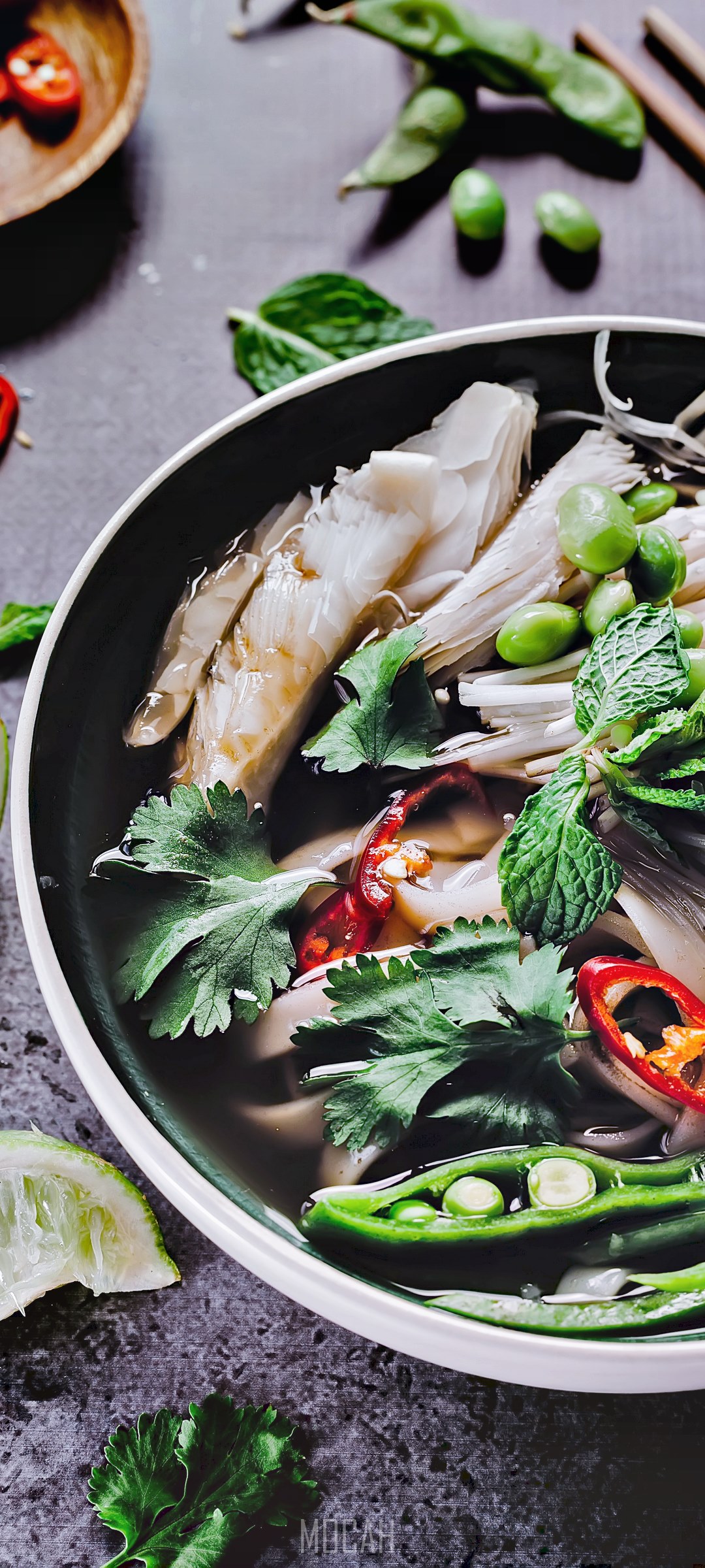 Vegan Pho Soup with Edamame and Chili HD Phone Wallpaper