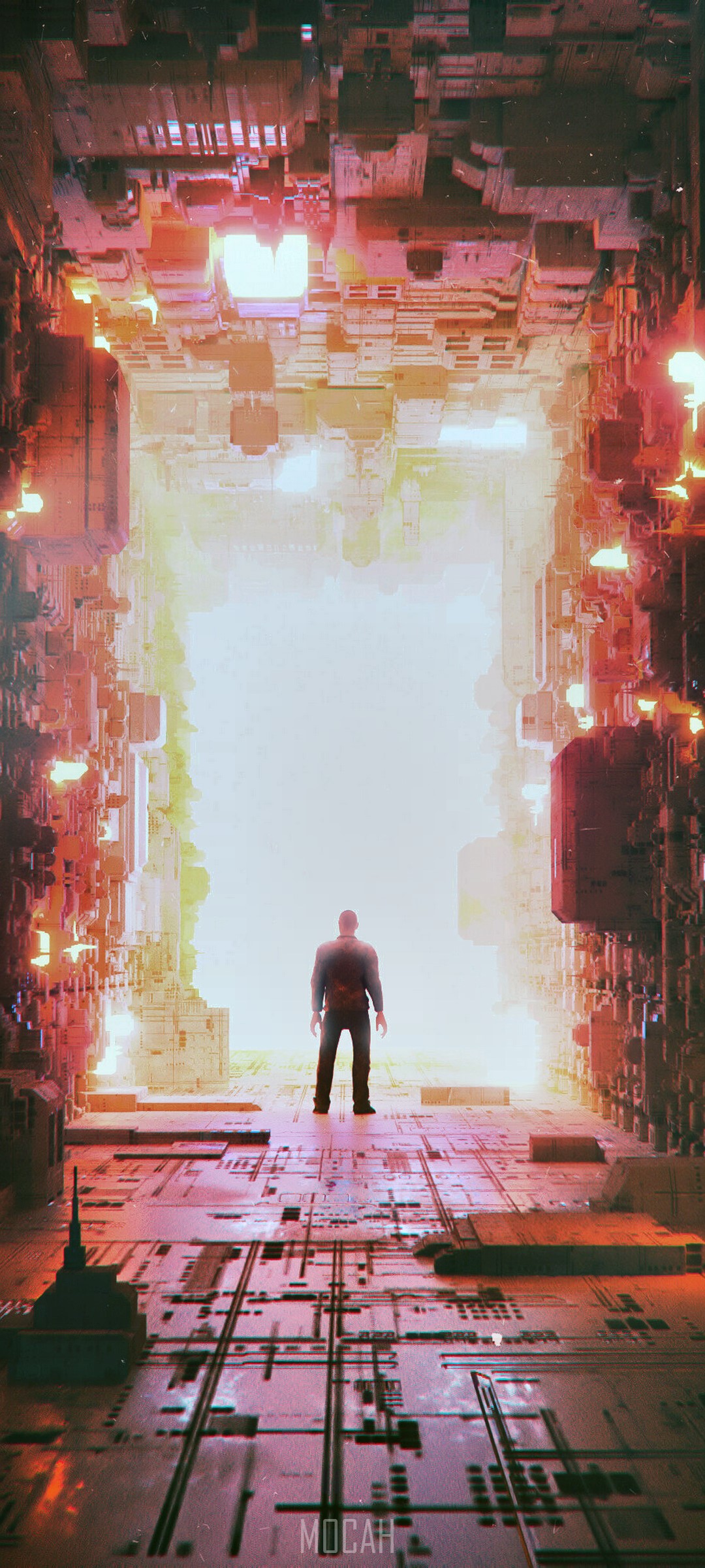 Man standing in a futuristic glowing corridor HD Phone Wallpaper