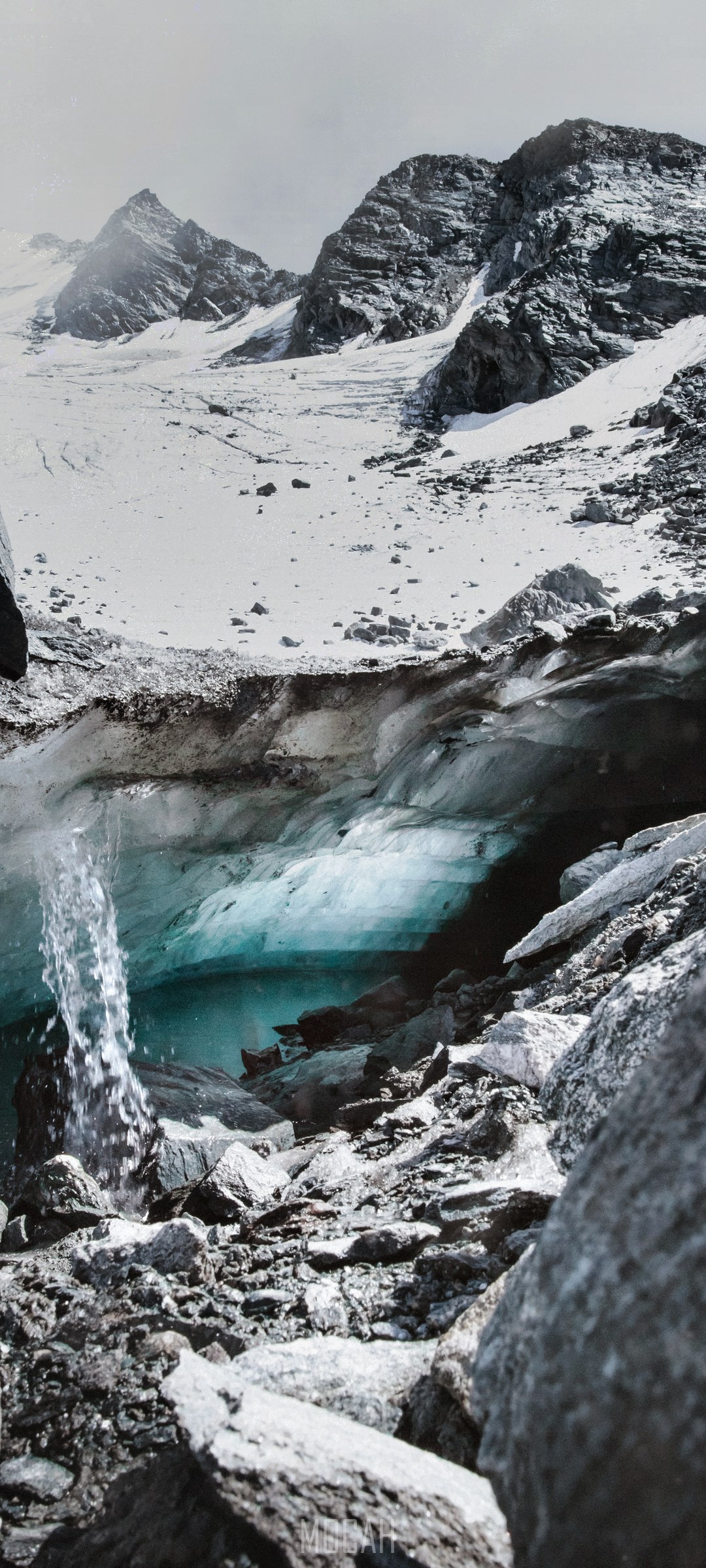 Glacial cave with waterfall and mountains HD Phone Wallpaper