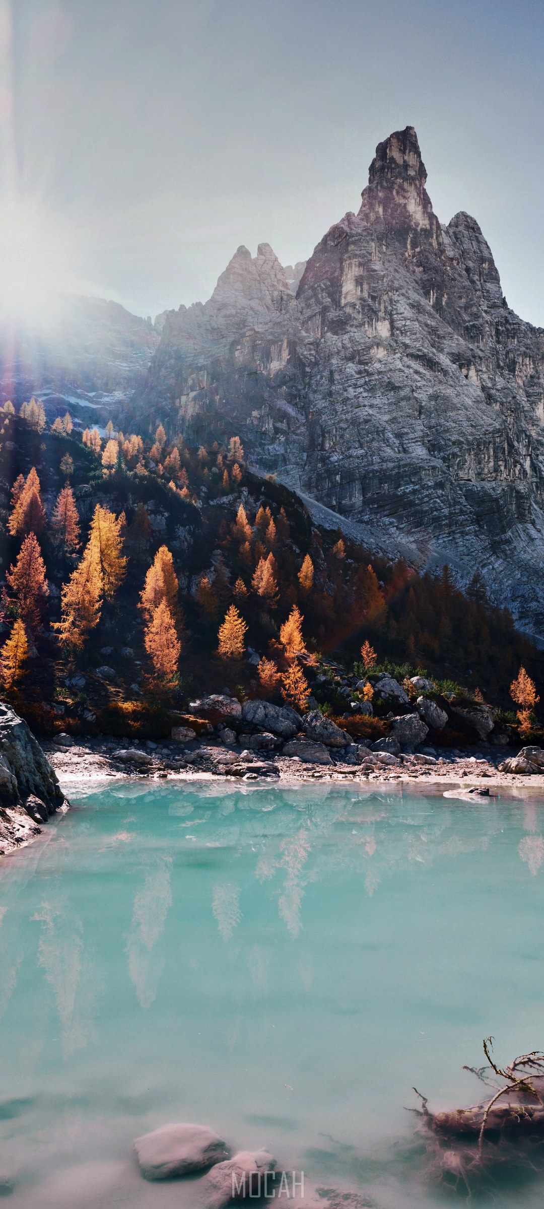 Mountain lake with autumn trees and sun flare HD Phone Wallpaper