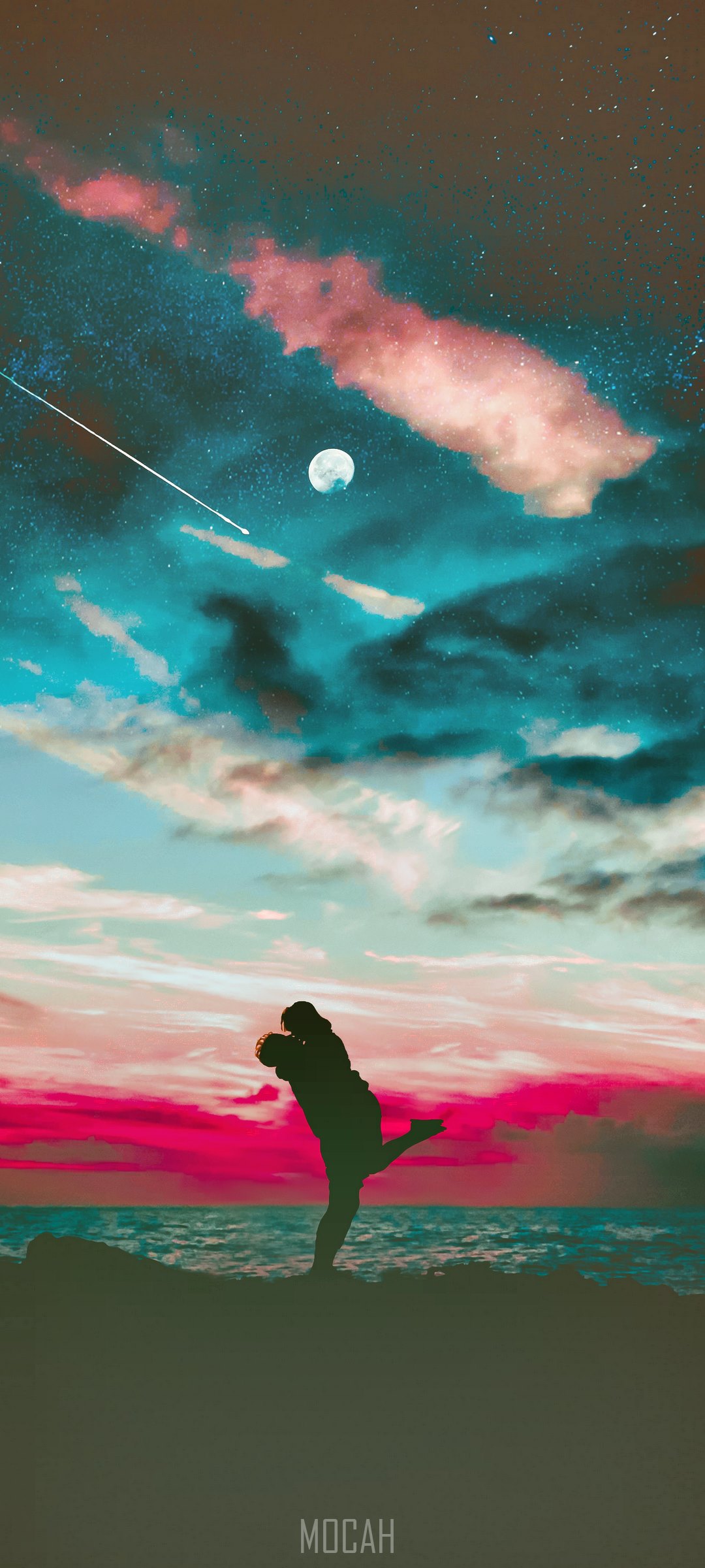 Couple kissing under a starry sky with moon and shooting star HD Phone Wallpaper