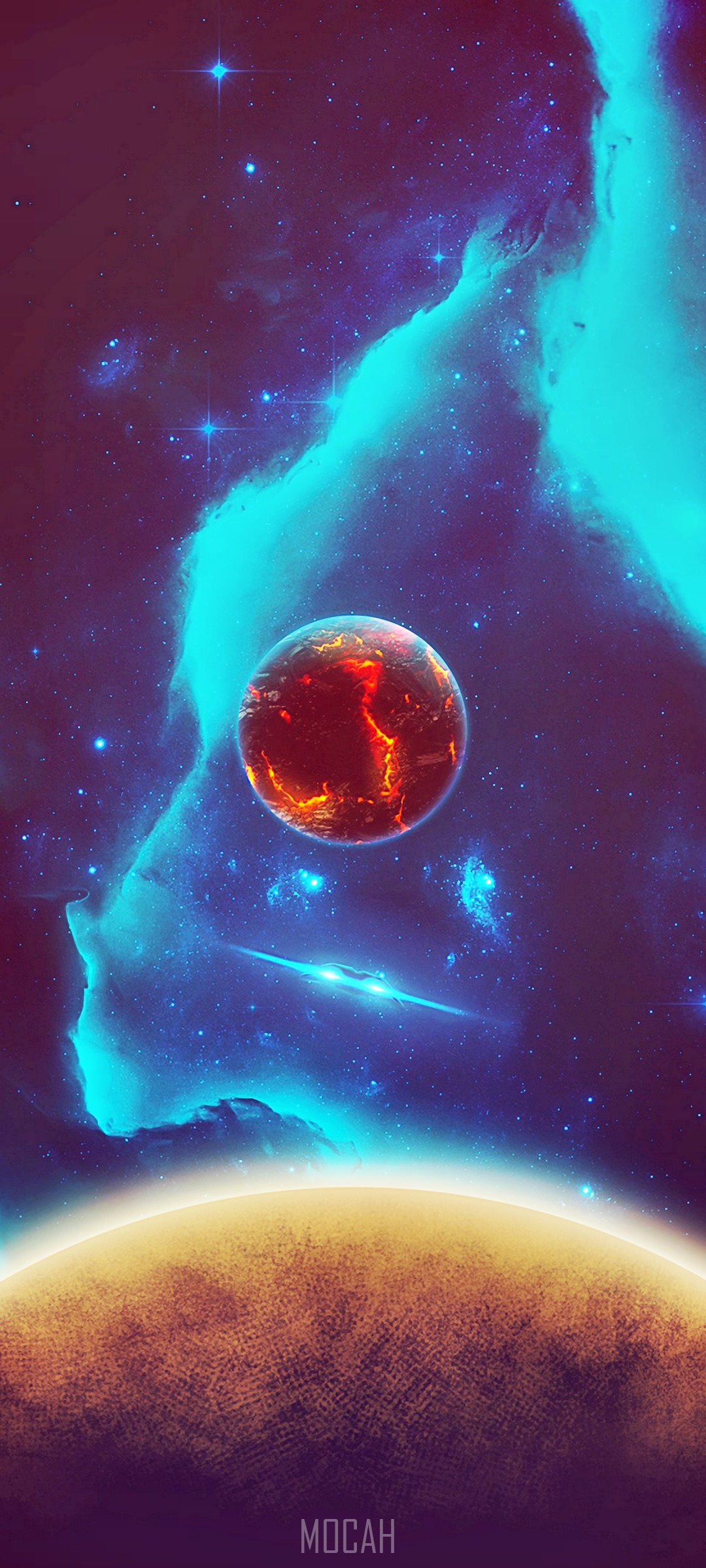 Fiery Planet and Nebula in Outer Space HD Phone Wallpaper
