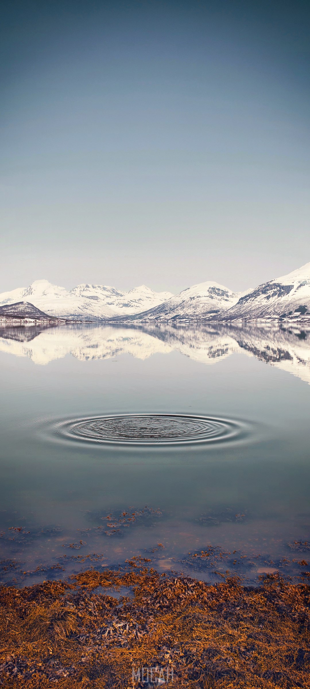 Snow-capped mountains reflected in a calm lake with ripples HD Phone Wallpaper