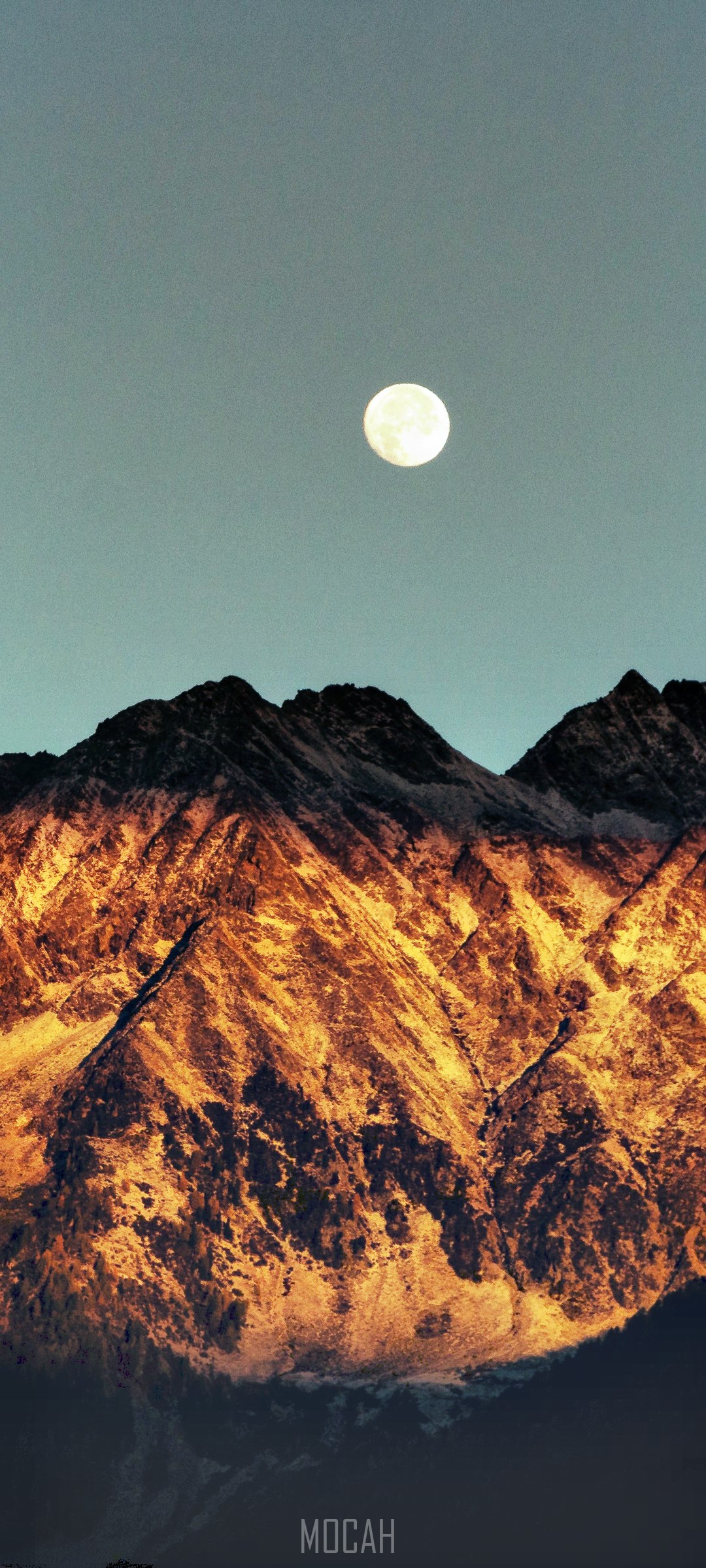 Moon over sunlit mountains HD Phone Wallpaper