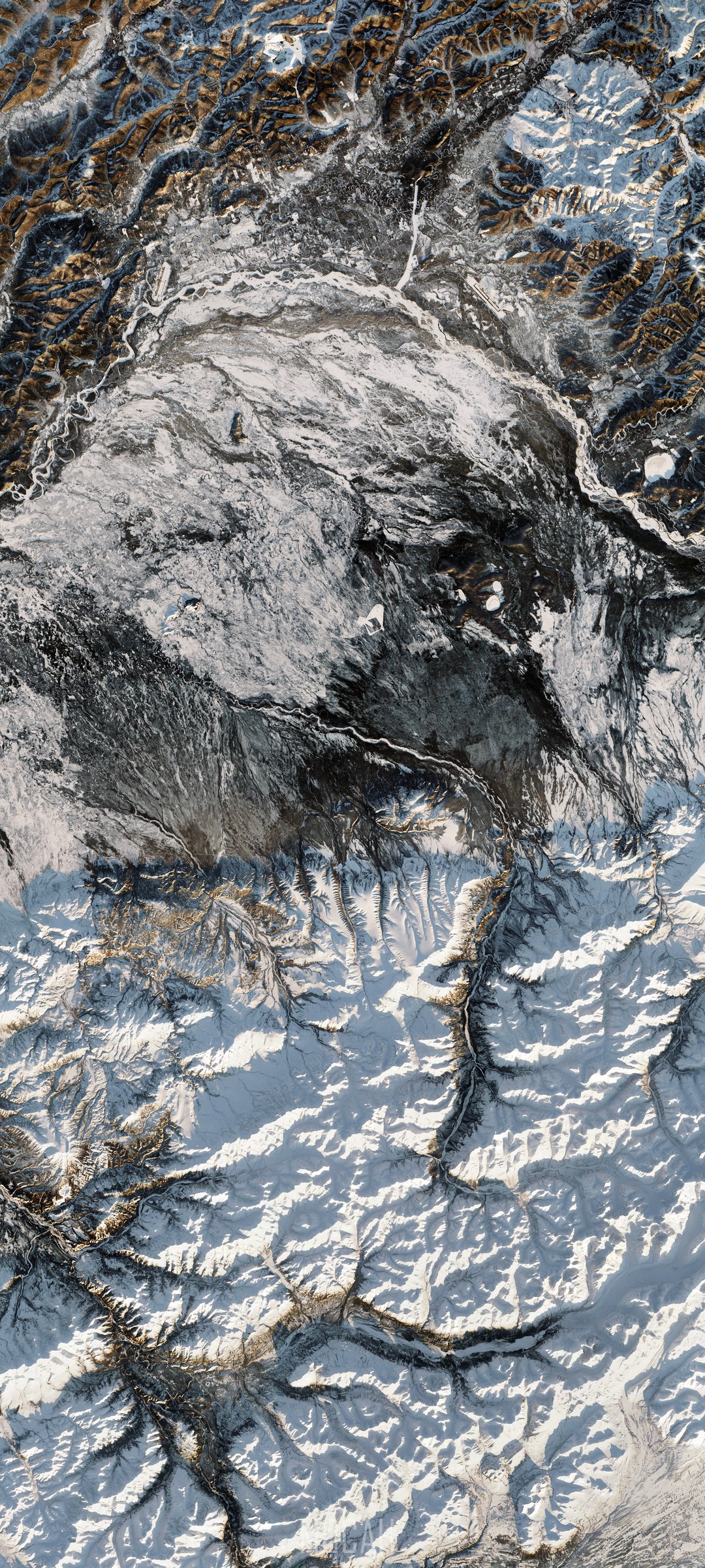 Satellite view of snow-covered mountains and rivers HD Phone Wallpaper