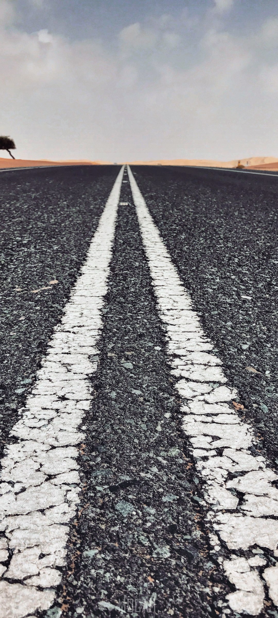 Desert road with double white lines HD Phone Wallpaper