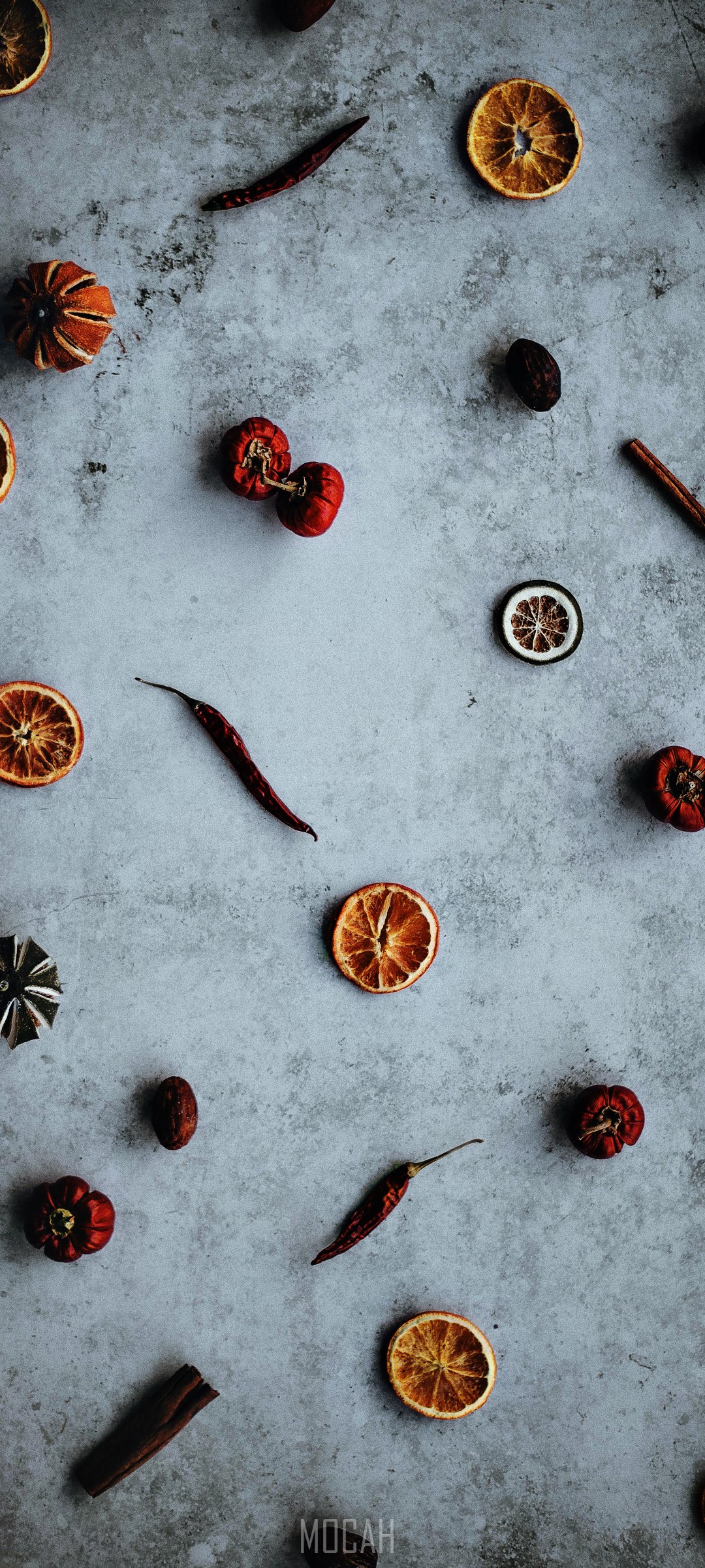 Dried Oranges, Chili Peppers, Cinnamon Sticks, and Dates HD Phone Wallpaper