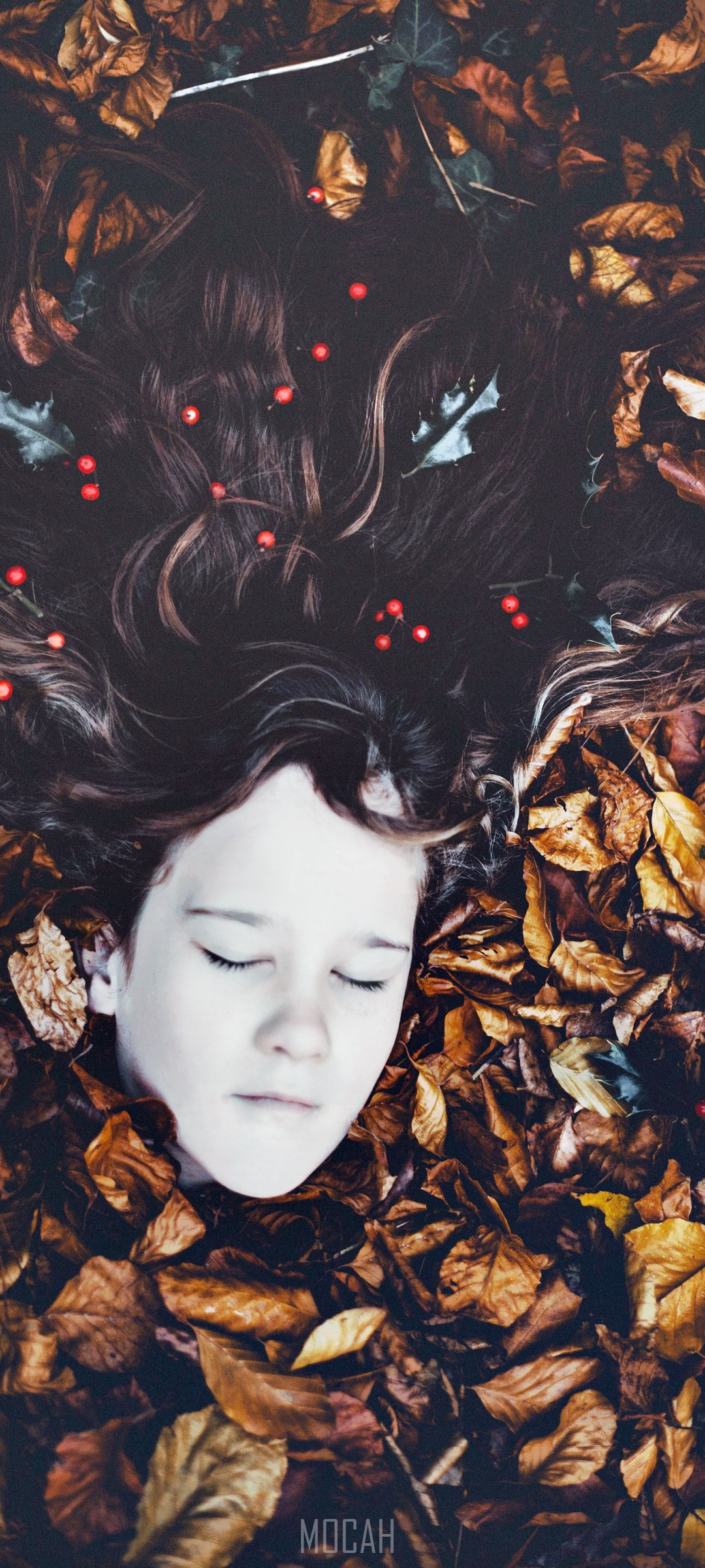 Child lying in autumn leaves with berries HD Phone Wallpaper