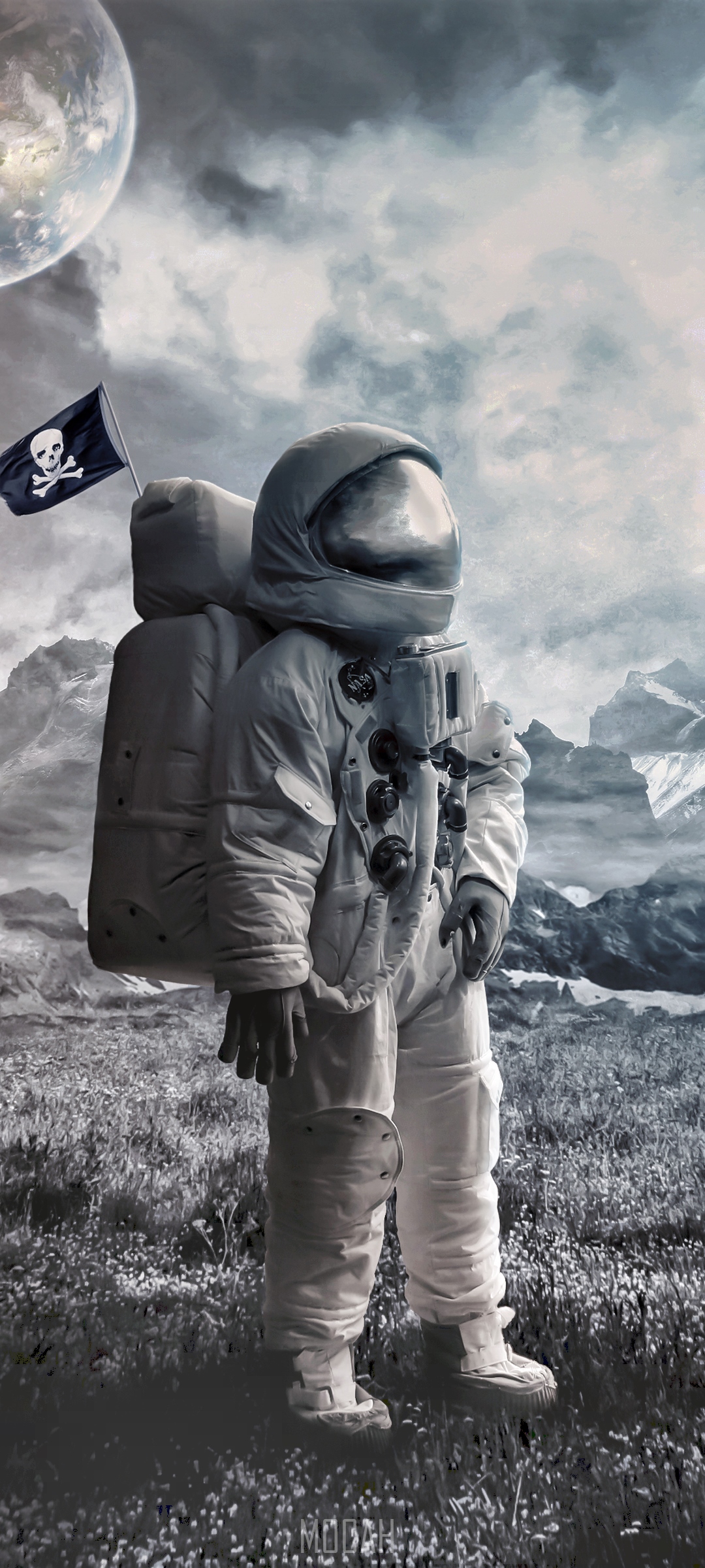 Astronaut on an alien planet with a pirate flag HD Phone Wallpaper