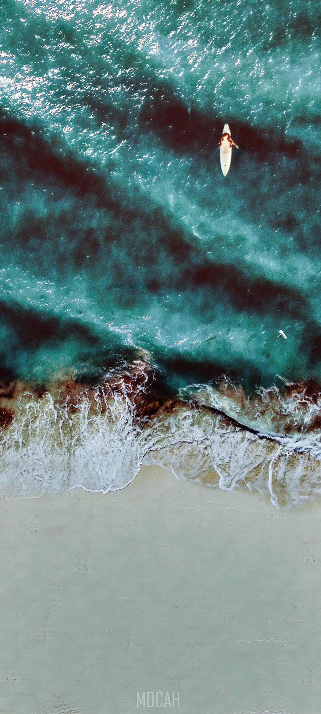 Surfer on a surfboard in the ocean near a beach HD Phone Wallpaper