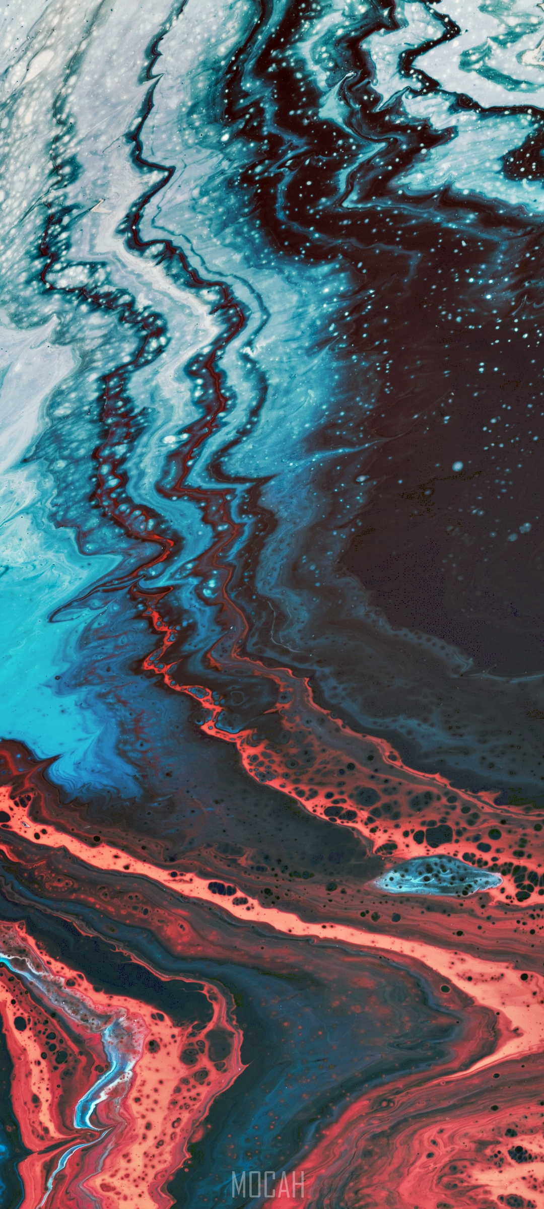 Abstract fluid art with blue, red, and white swirls HD Phone Wallpaper