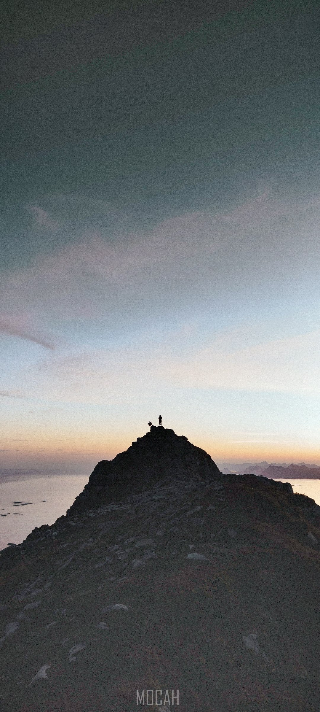 Silhouette of a person and dog on a mountain peak at sunset HD Phone Wallpaper