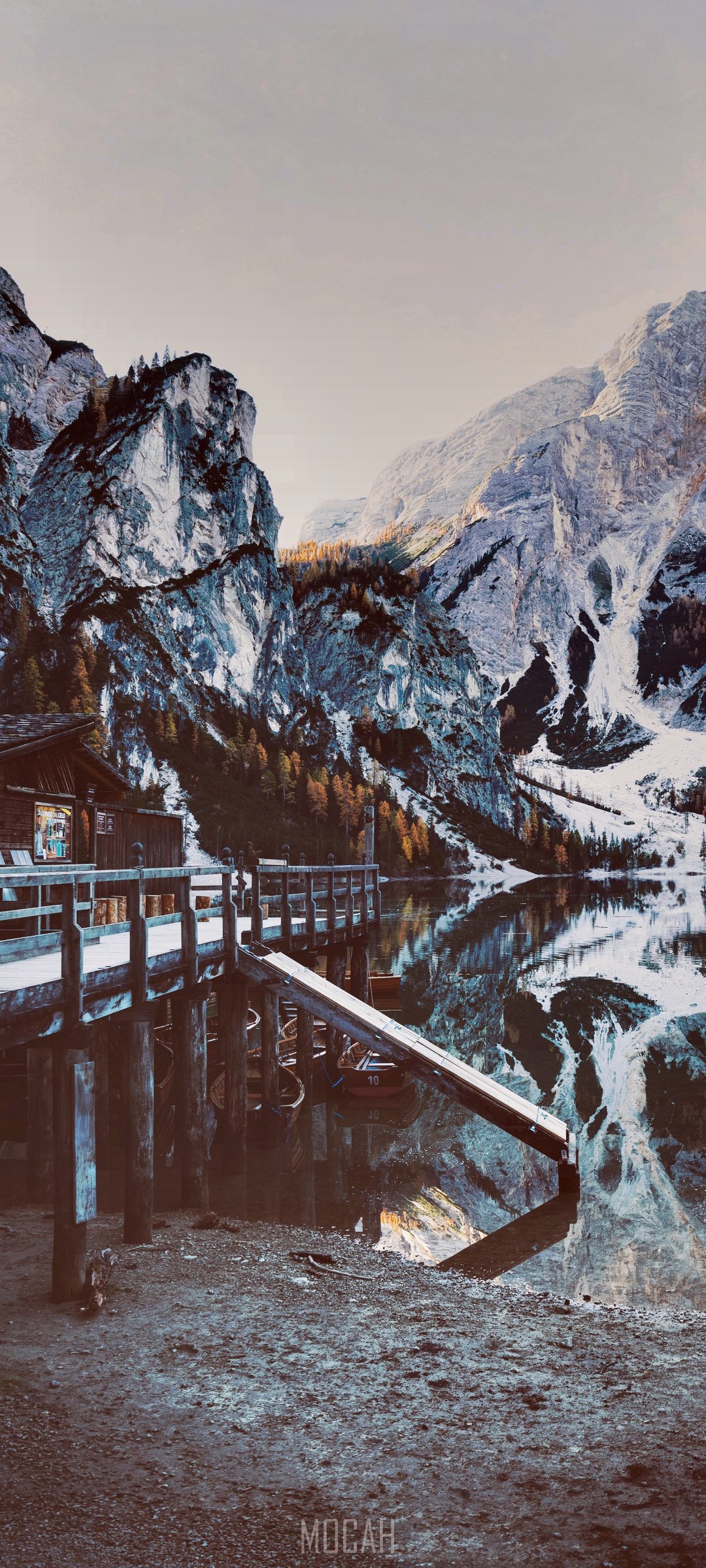 Dreamy morning at lake with mountains and pier HD Phone Wallpaper