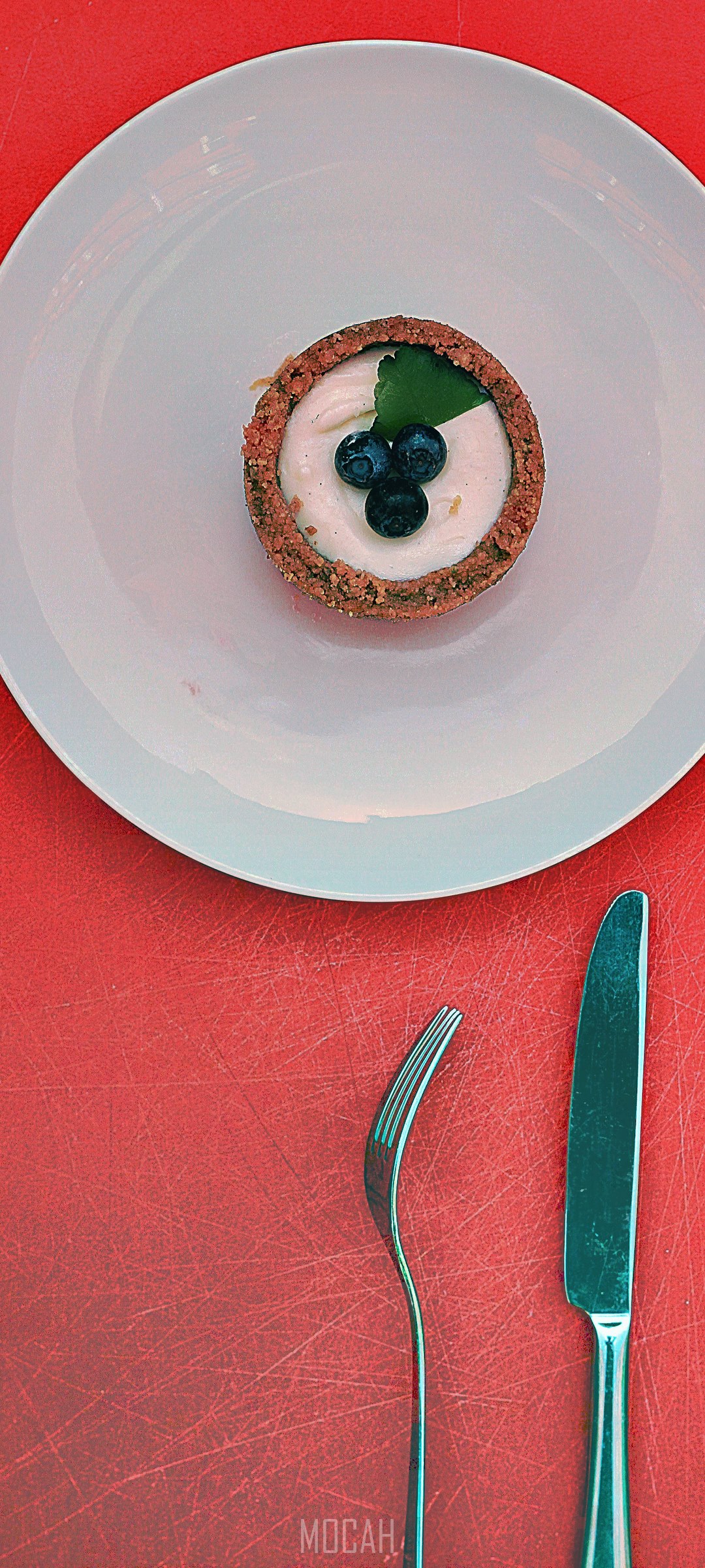Dessert with blueberries on a white plate with cutlery HD Phone Wallpaper