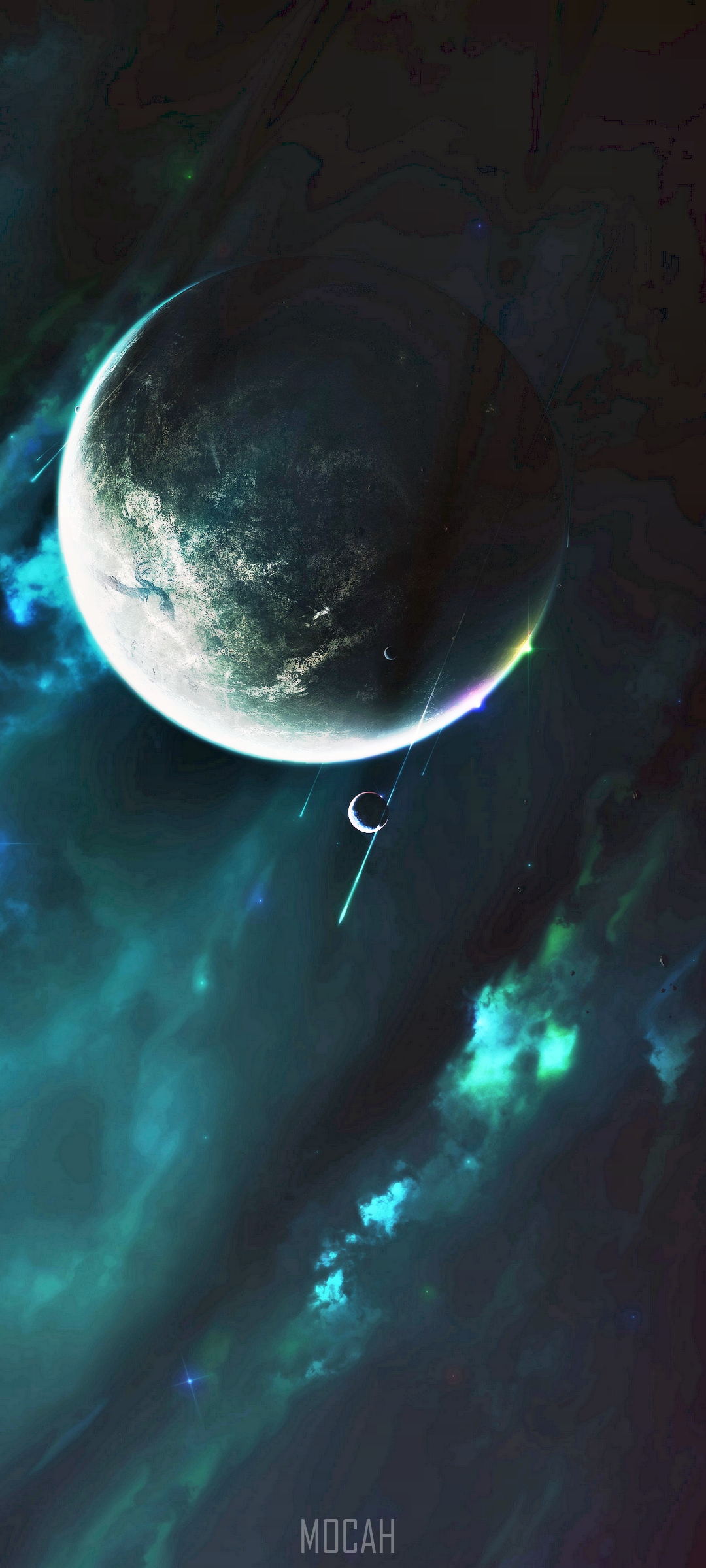 Planet and moon in outer space with nebula HD Phone Wallpaper