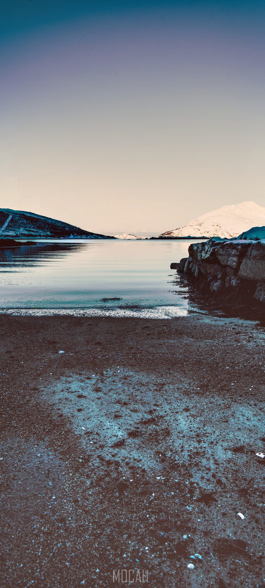 Sea and snow-capped mountains in a fjord HD Phone Wallpaper
